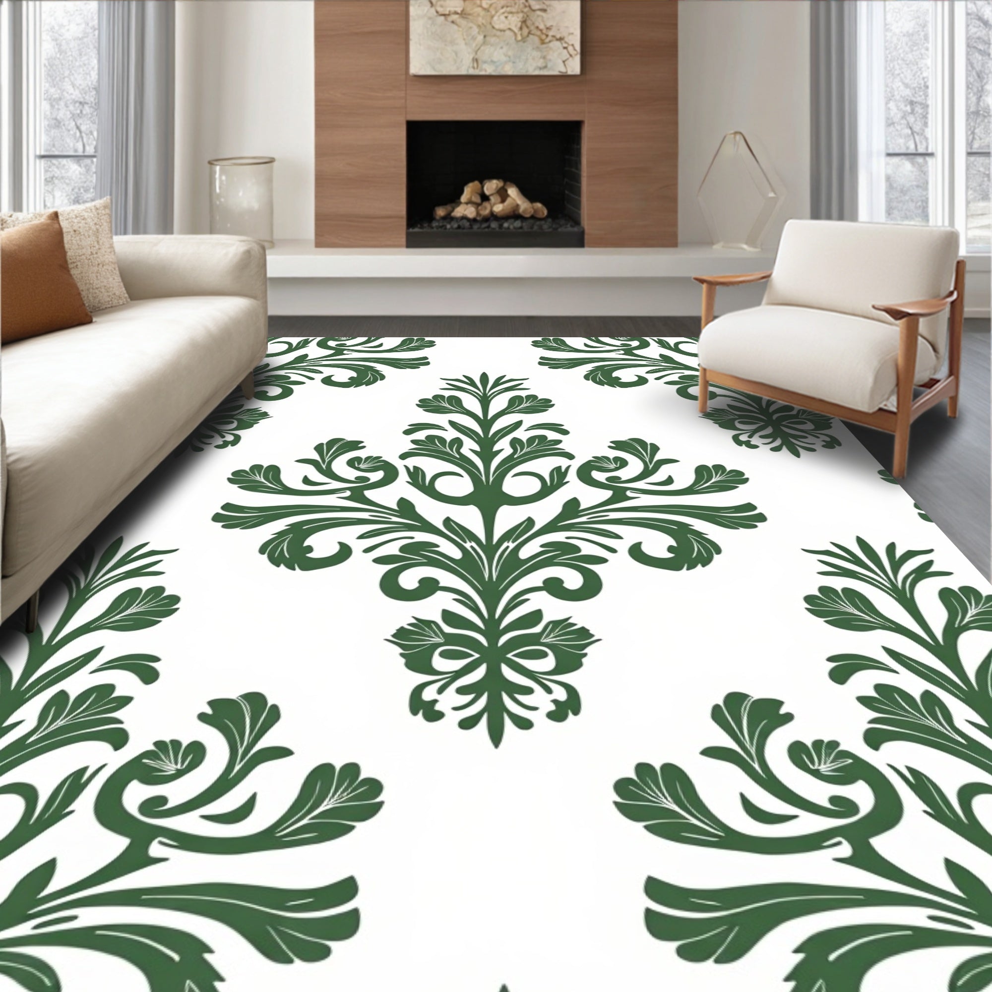 Classic Green Floral Damask Pattern Rug
