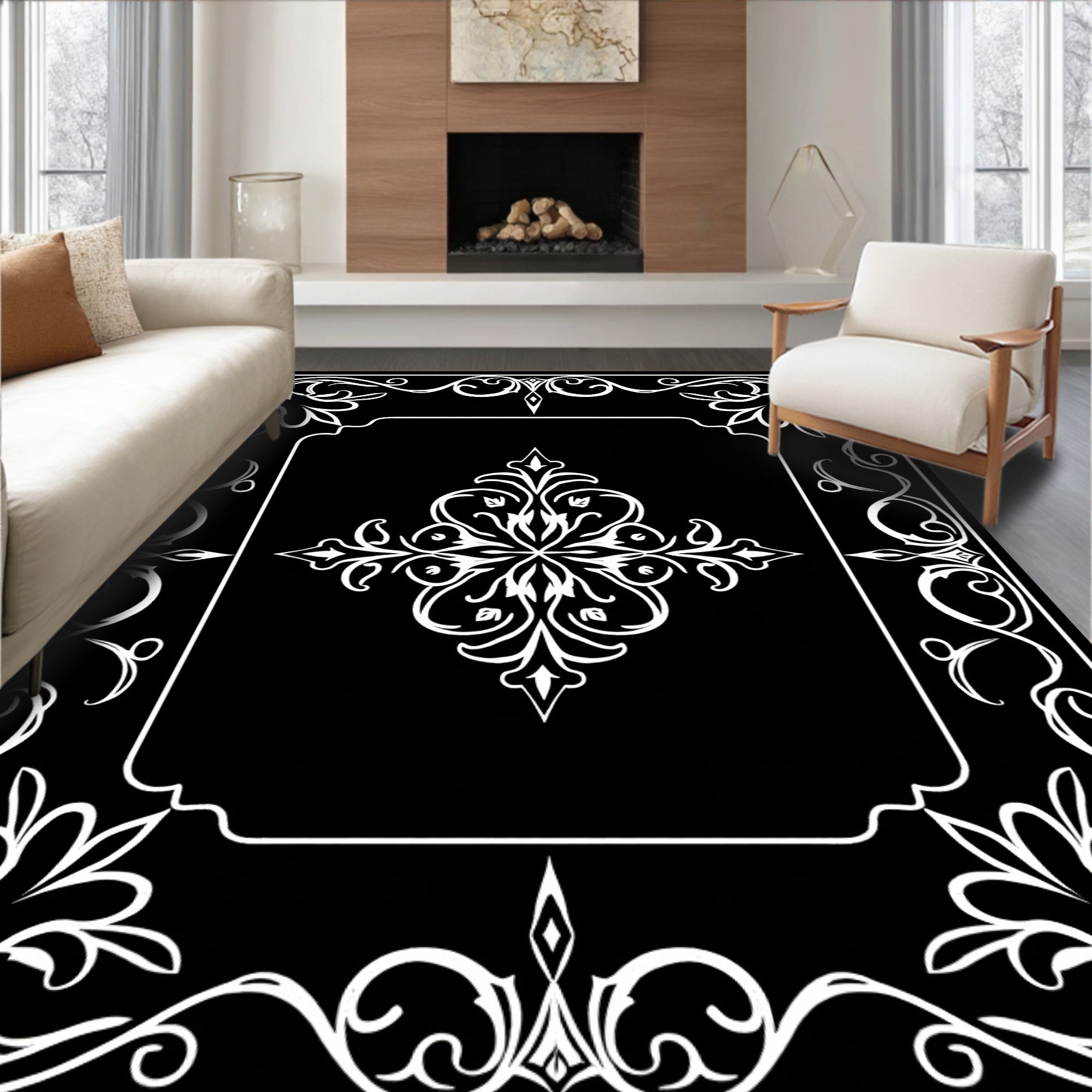 Ornate Floral Square Border Design Rug