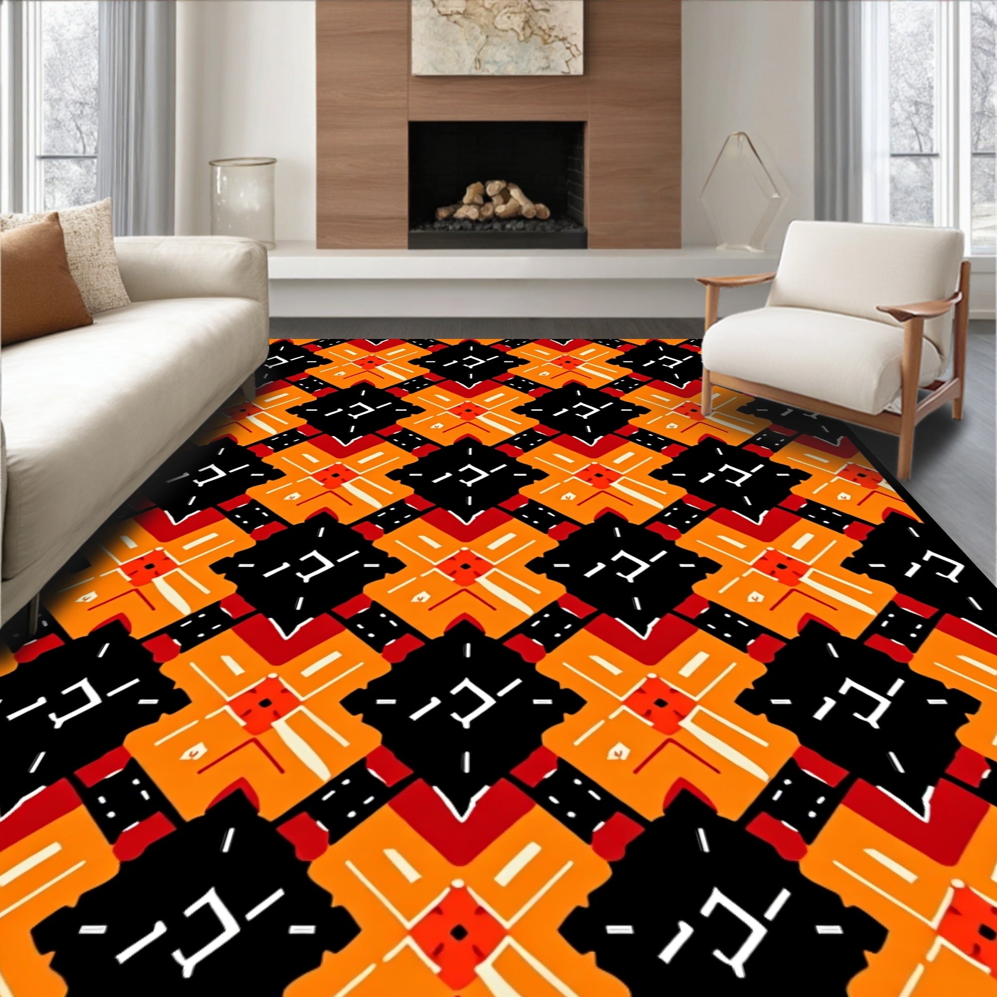 Bold Geometric Orange Black Red Pattern Rug