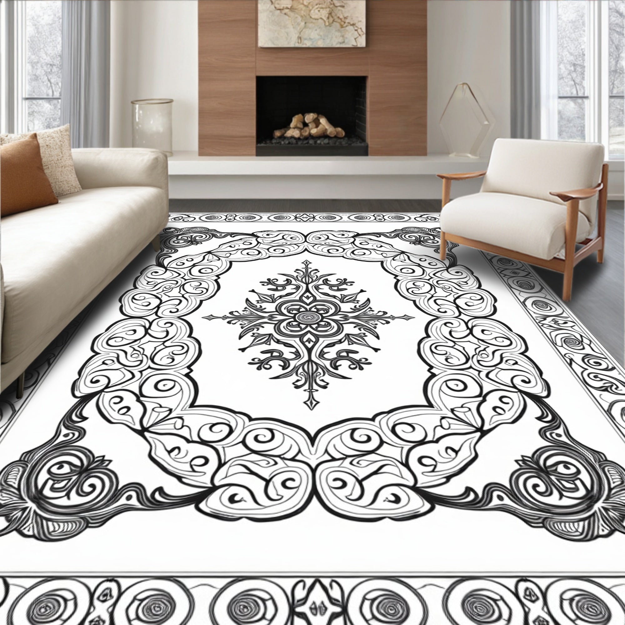 Ornate Black and White Centerpiece Rug