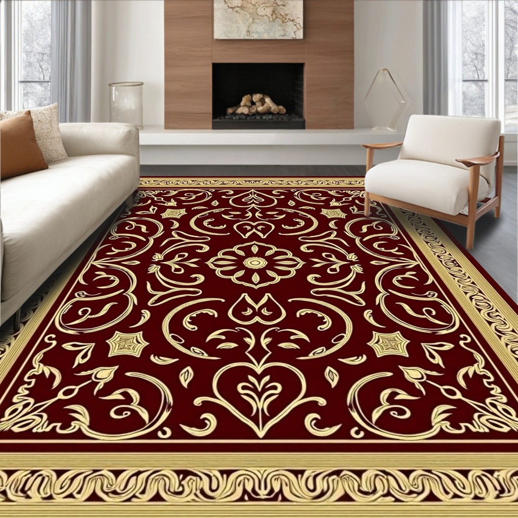Rich Red Golden Floral Pattern Rug