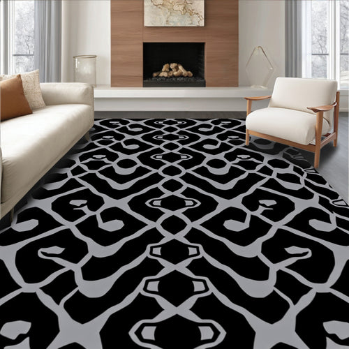 Abstract Black Gray Chainlink Pattern Rug
