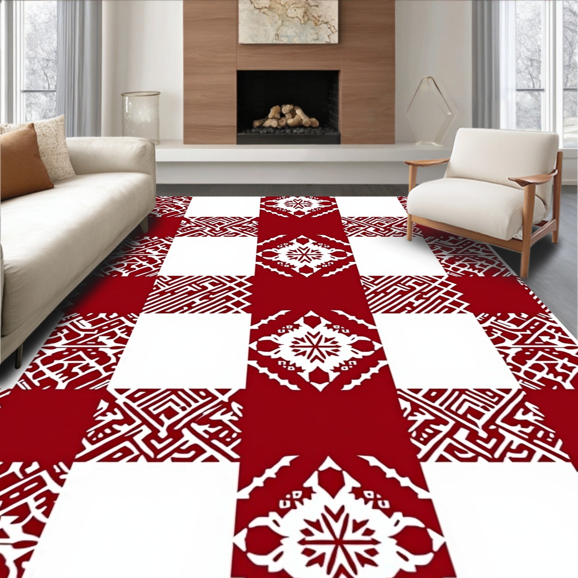 Red White Geometric Motif Squares Rug