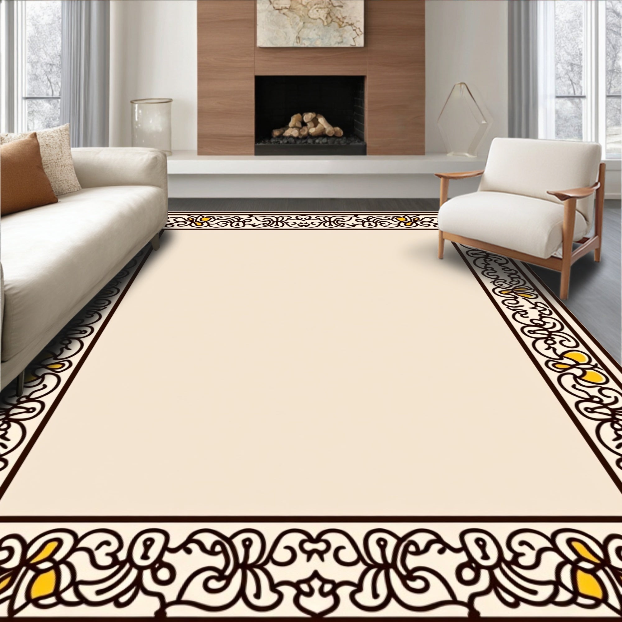Ornate Yellow Floral Swirl Border Design Rug