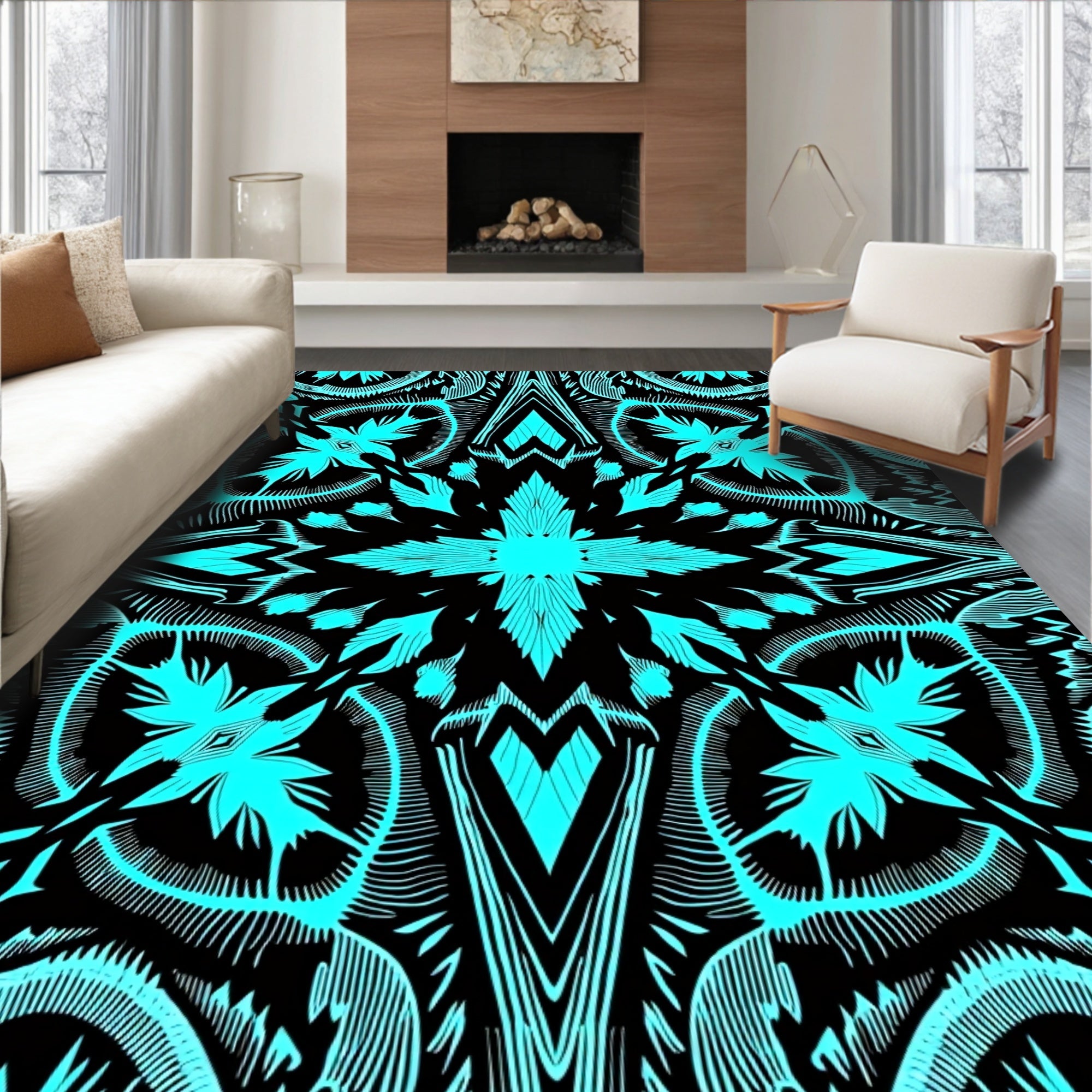 Bold Cyan Black Abstract Pattern Rug