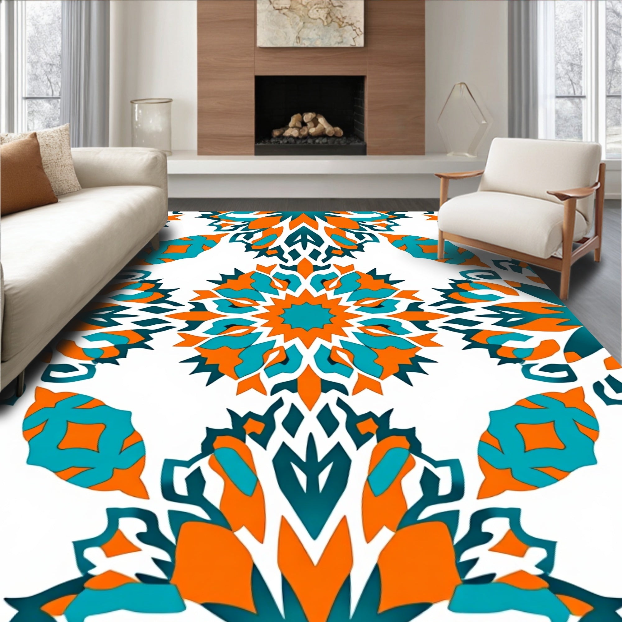 Vibrant Teal Orange Geometric Starburst Pattern Rug