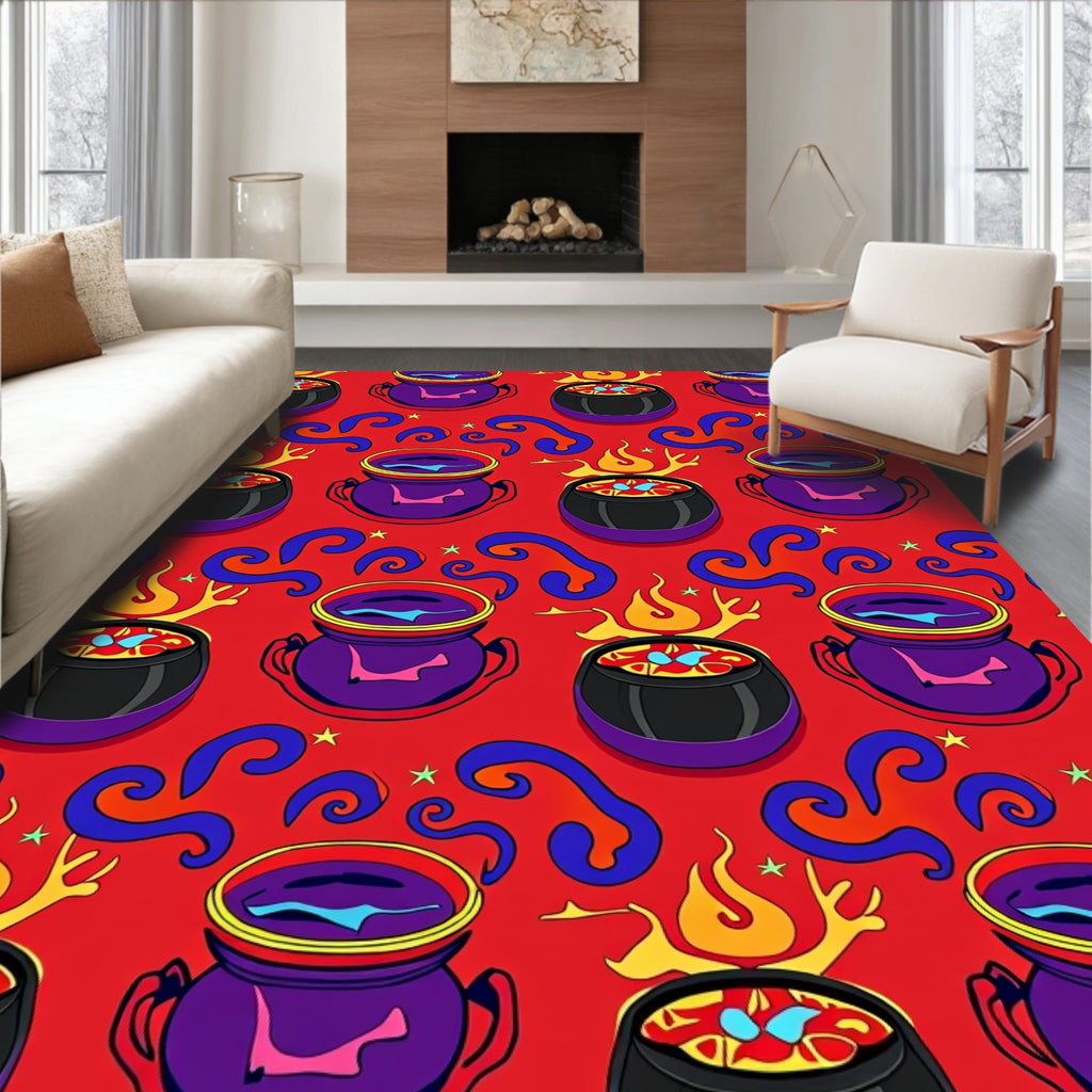 Witchy Cauldrons Swirling Flames Pattern Rug