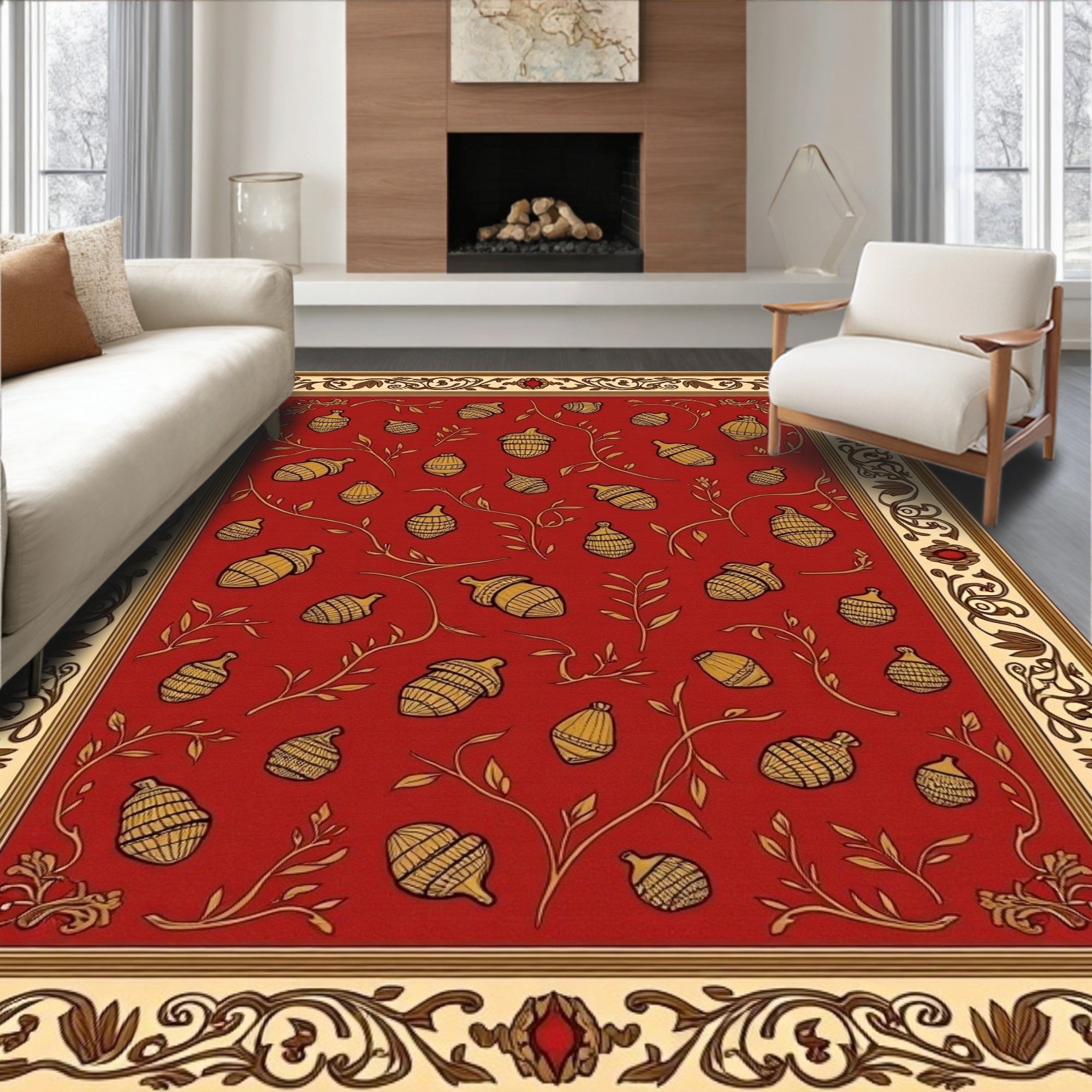 Red Acorn Vine Patterned Print Rug
