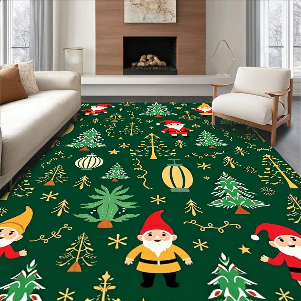 Festive Gnome And Christmas Tree Scene Rug