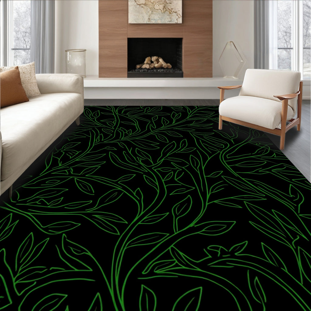 Vibrant Green Leafy Vine Pattern Rug