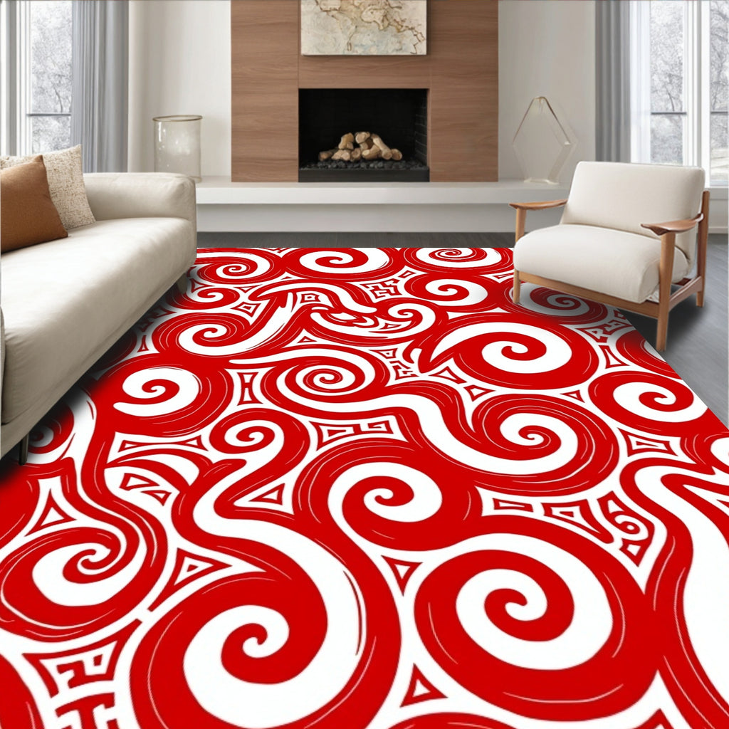 Bold Crimson Swirl And Tribal Rug
