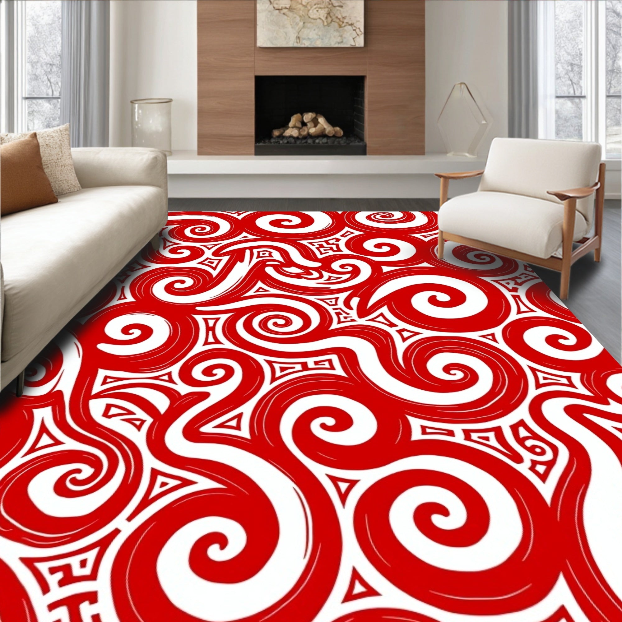 Bold Crimson Swirl And Tribal Rug