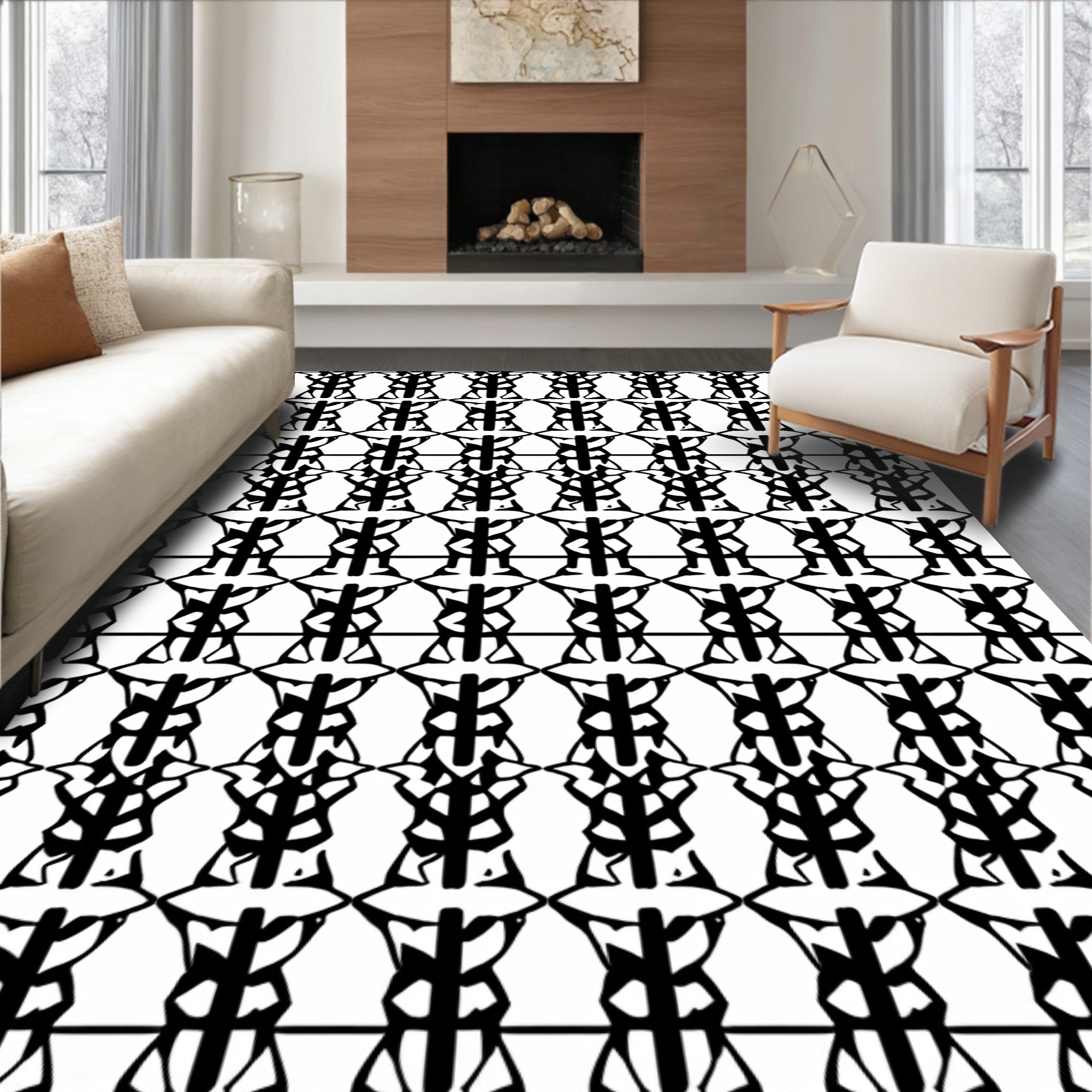 Black White Abstract Linear Pattern Rug