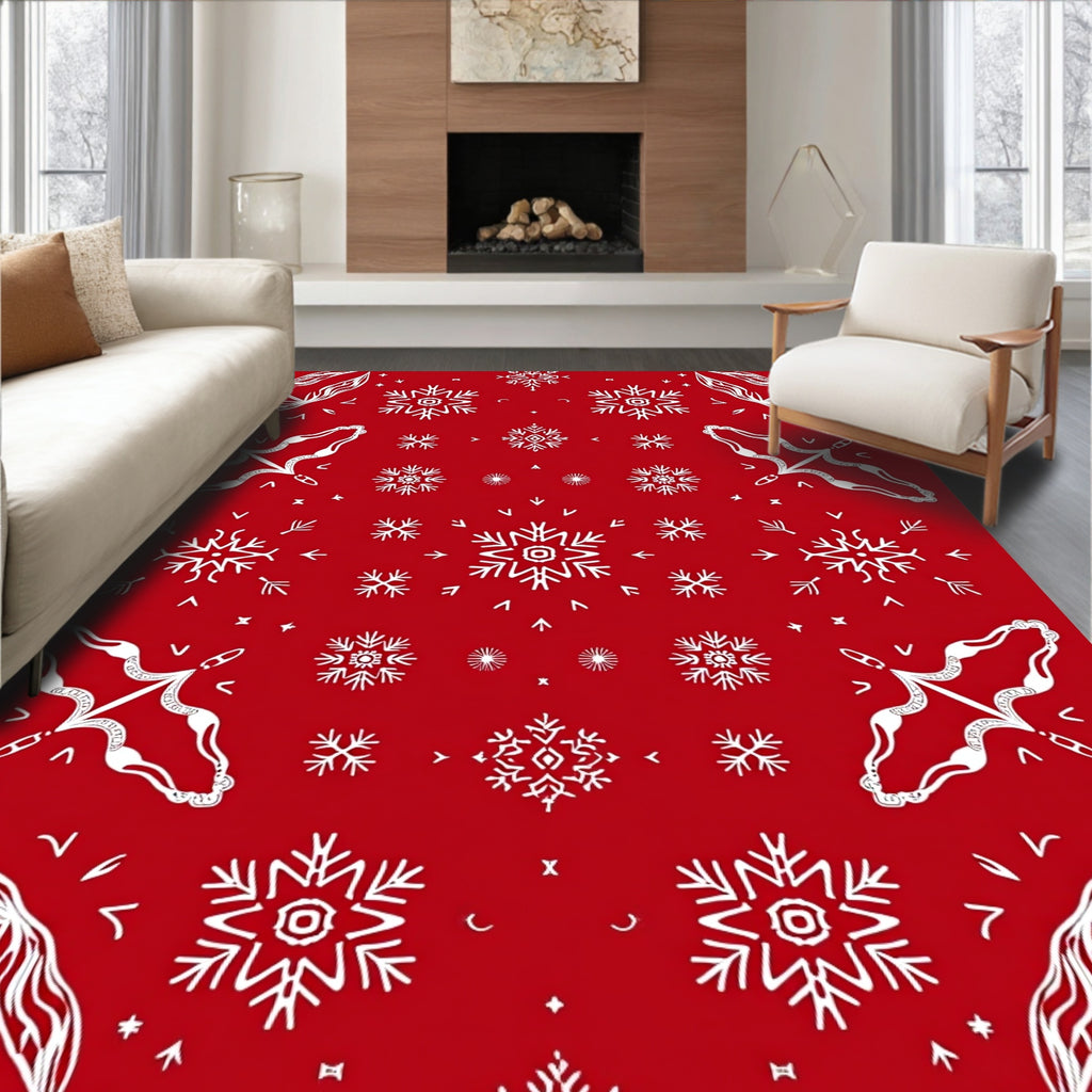 White Snowflake Patterned Red Rug
