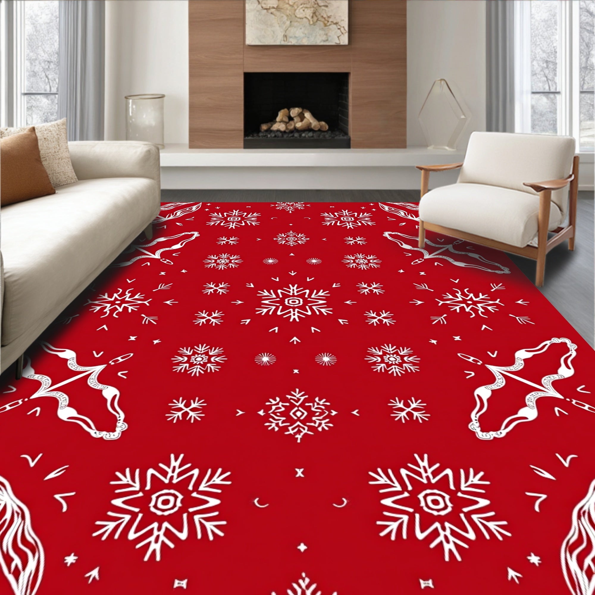 White Snowflake Patterned Red Rug