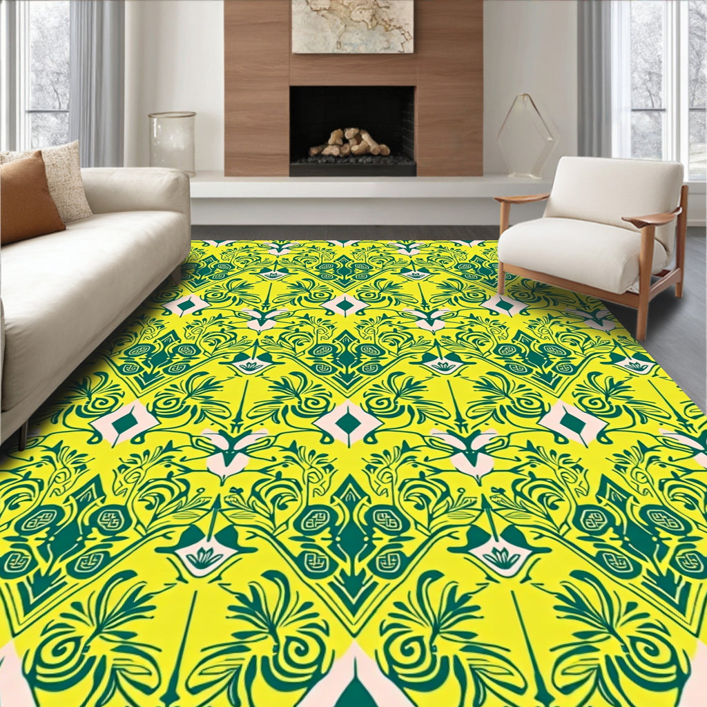 Vibrant Emerald Floral Scroll Pattern Rug