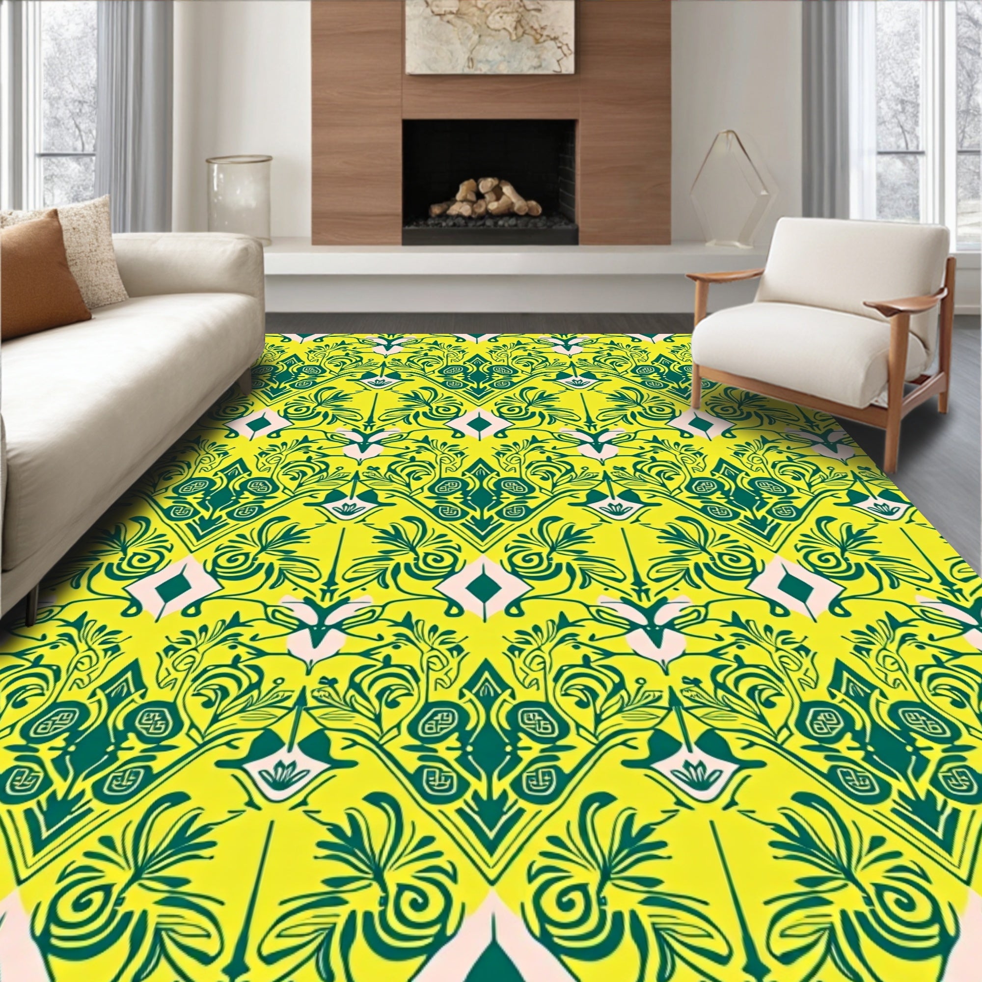 Vibrant Emerald Floral Scroll Pattern Rug