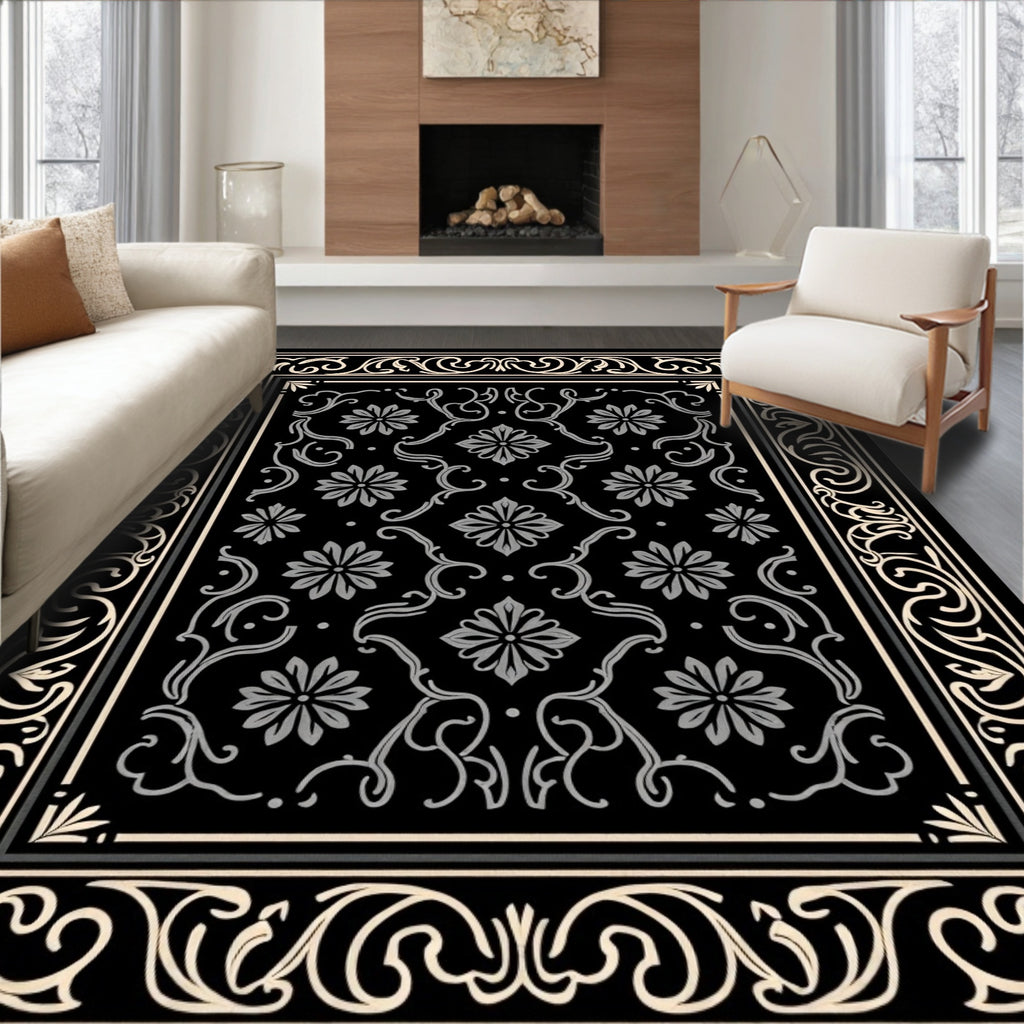 Classic Black Floral Scroll Design Rug