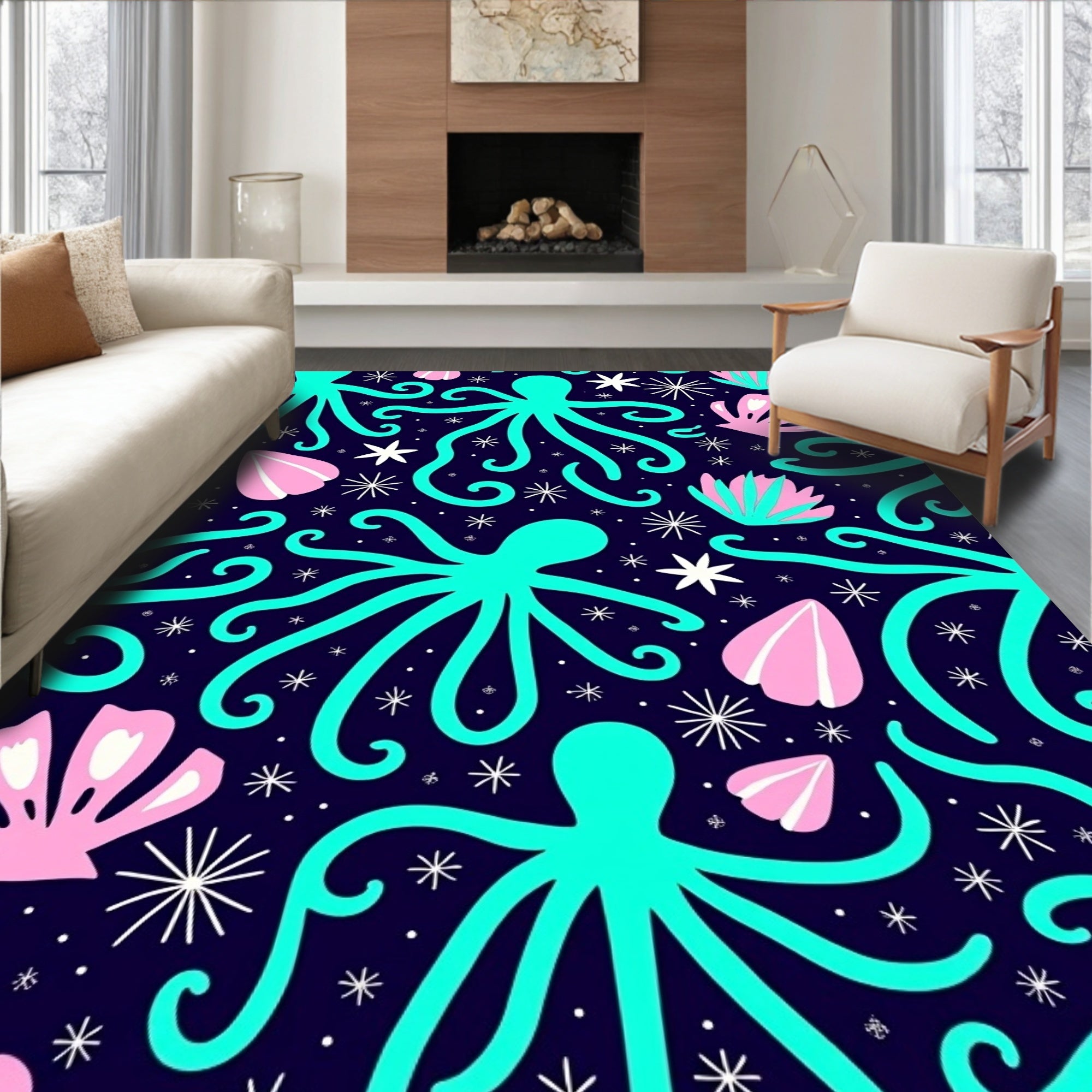 Aqua Octopus and Shell Pattern Rug