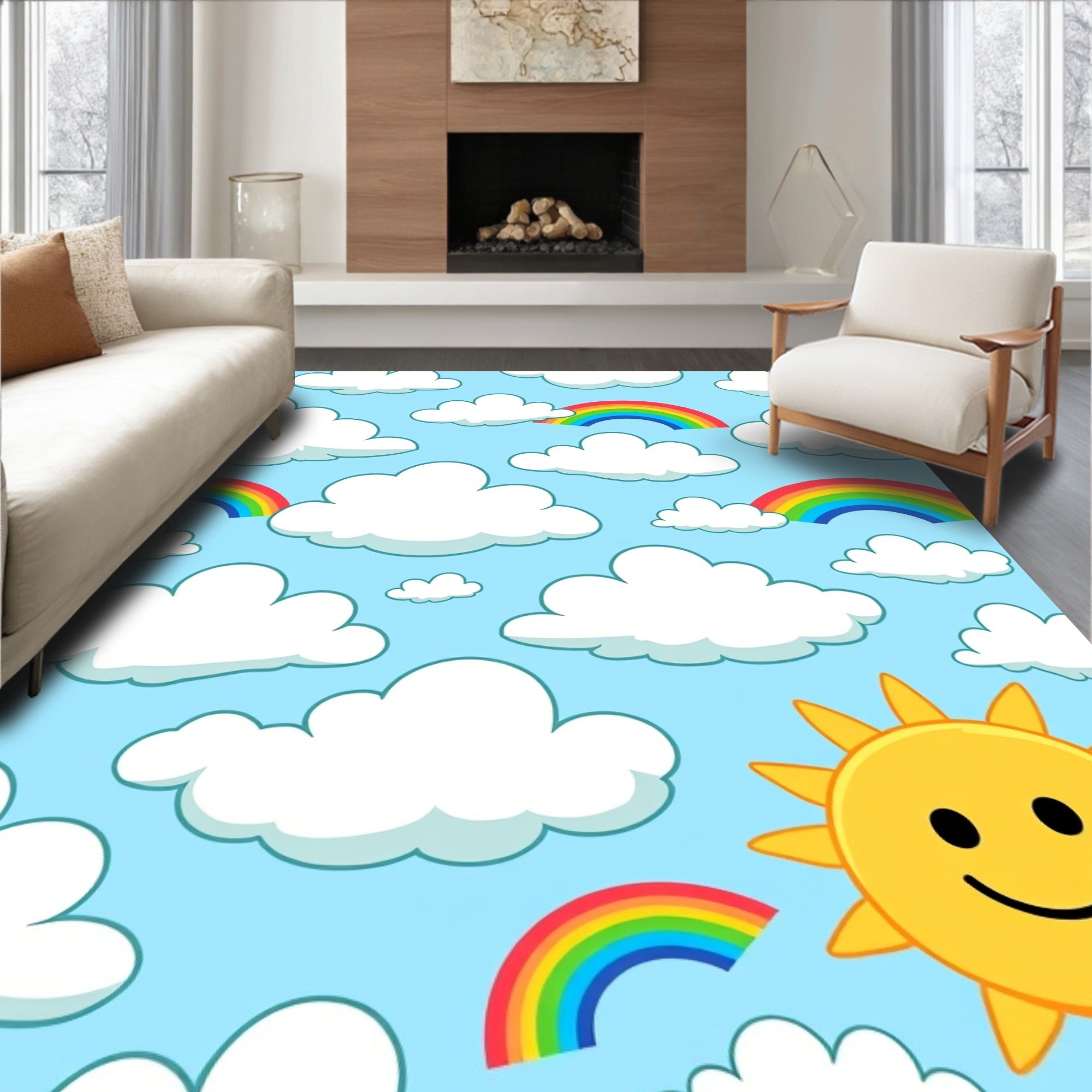 Happy Sun Rainbow Sky Pattern Rug