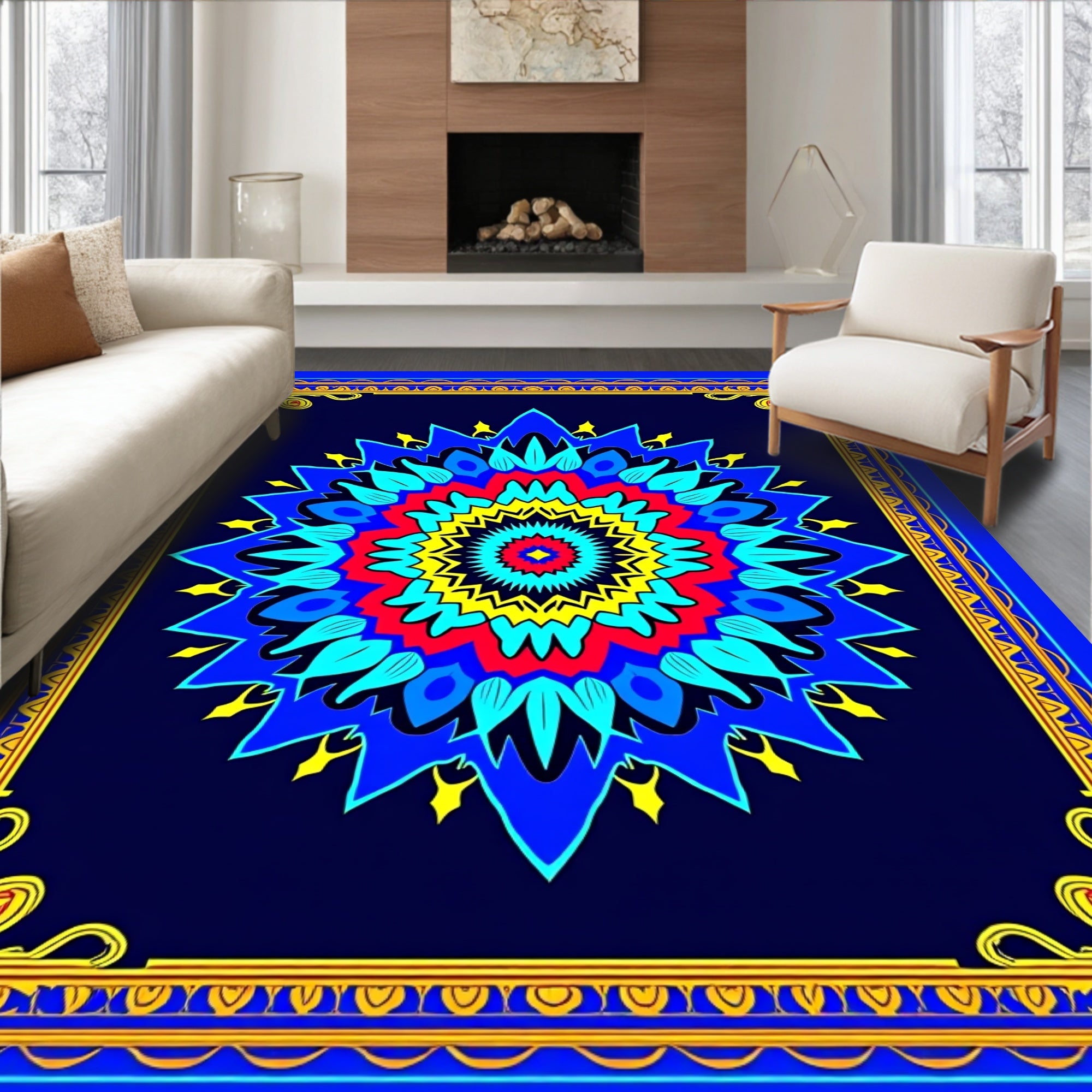 Bold Geometric Mandala Blue Rug