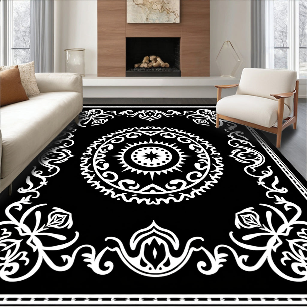 Ornate Floral Mandala Black and White Design Rug