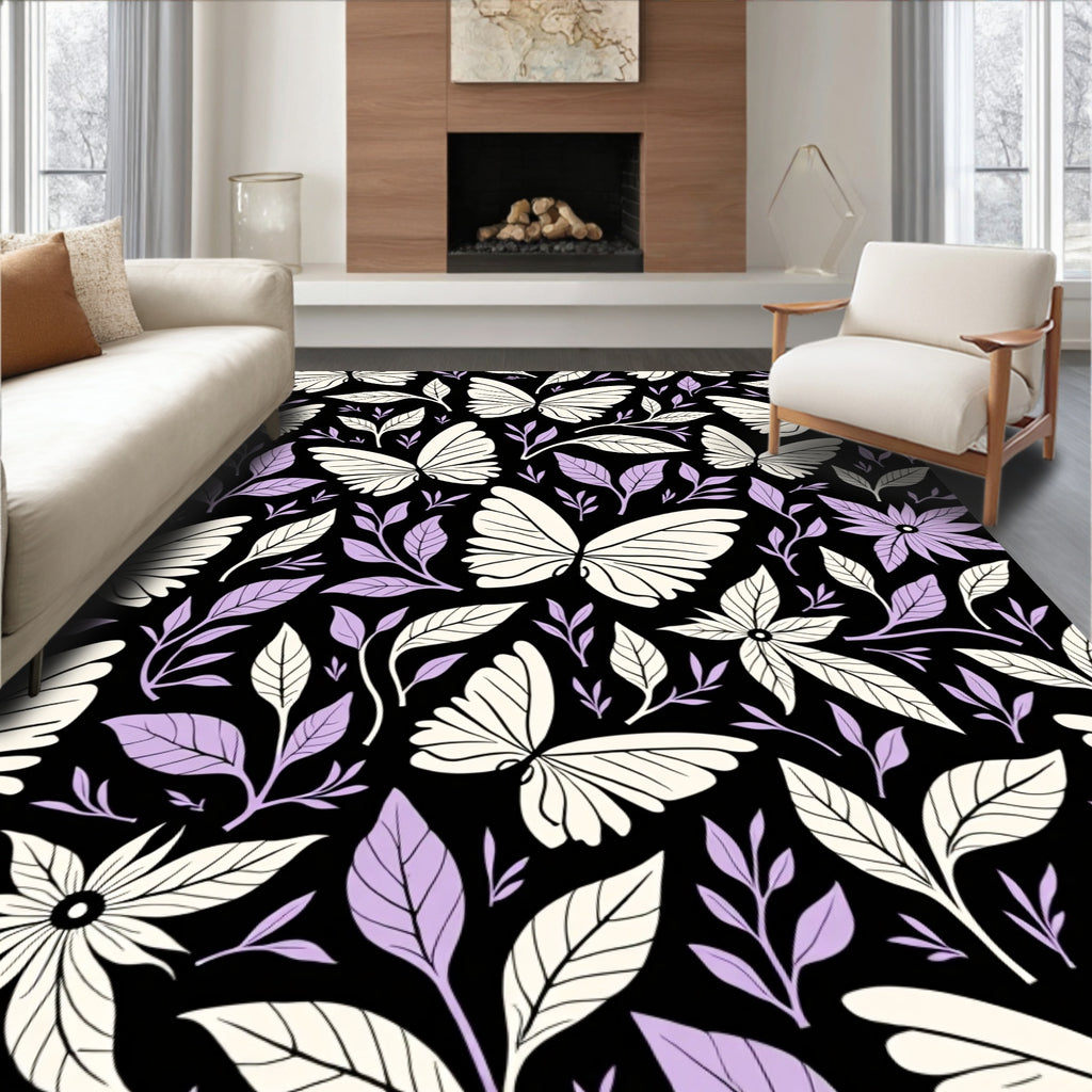 Whimsical Butterfly and Leaf Pattern Rug