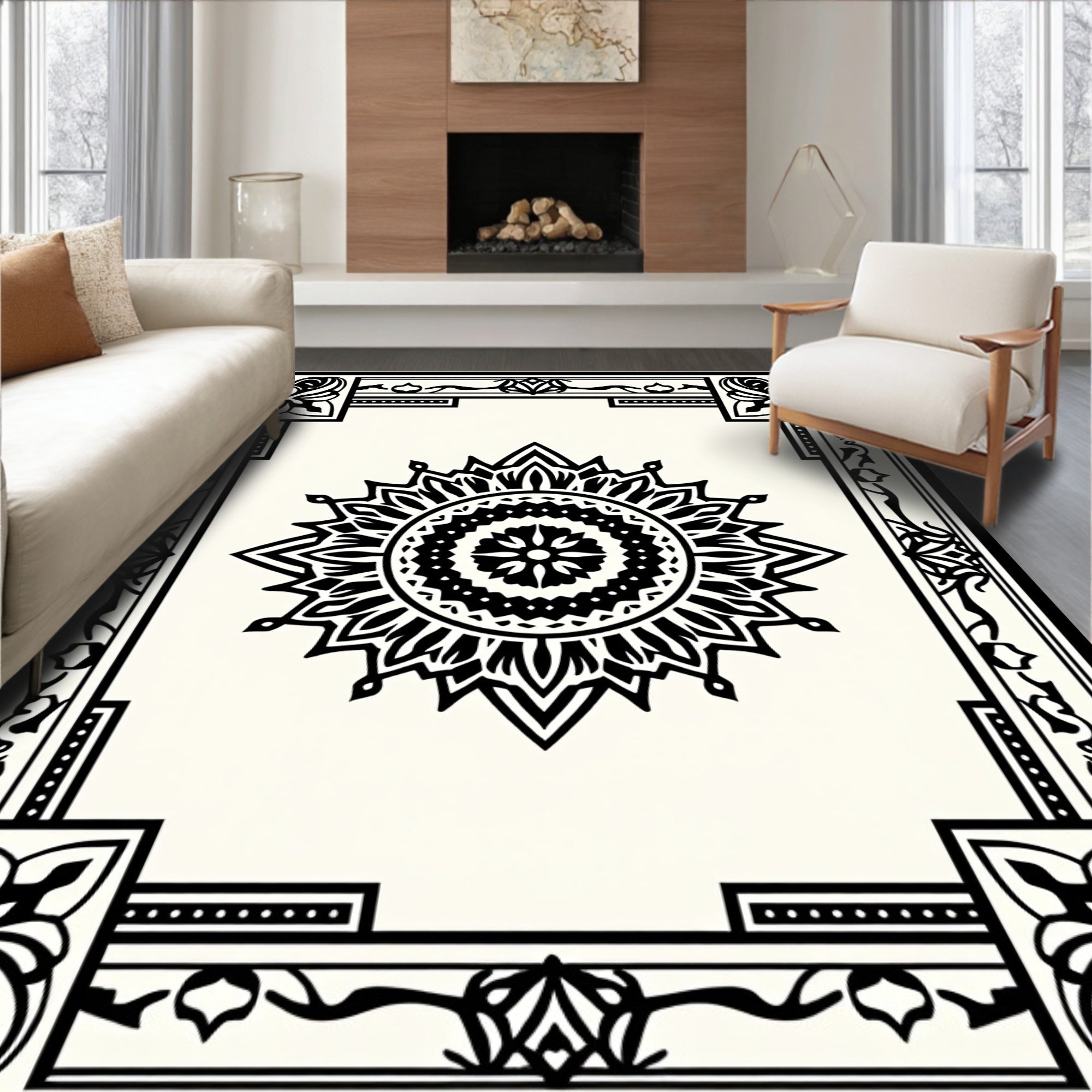 Ornate Floral Medallion Border Pattern Rug