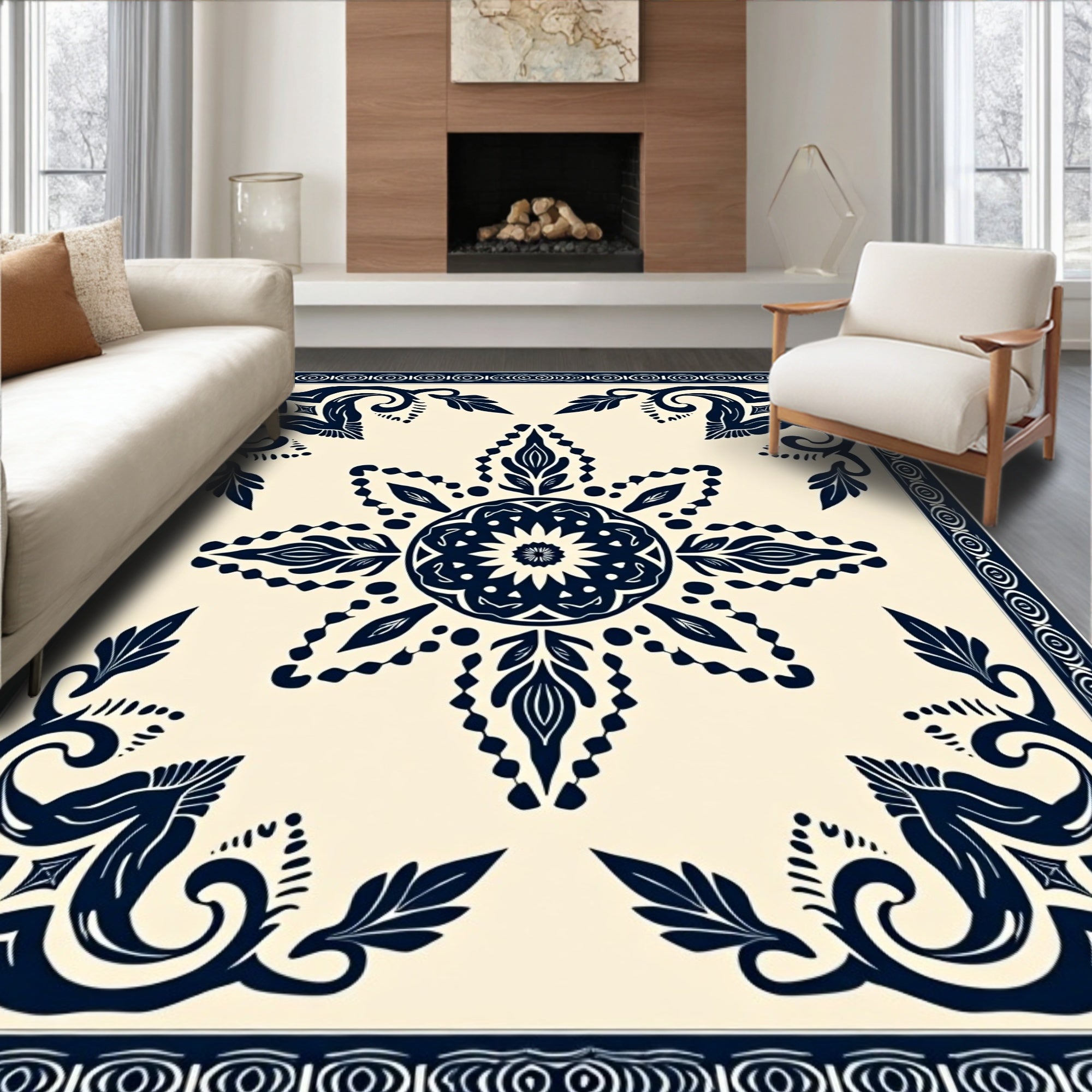 Dark Blue Floral And Leaf Pattern Rug