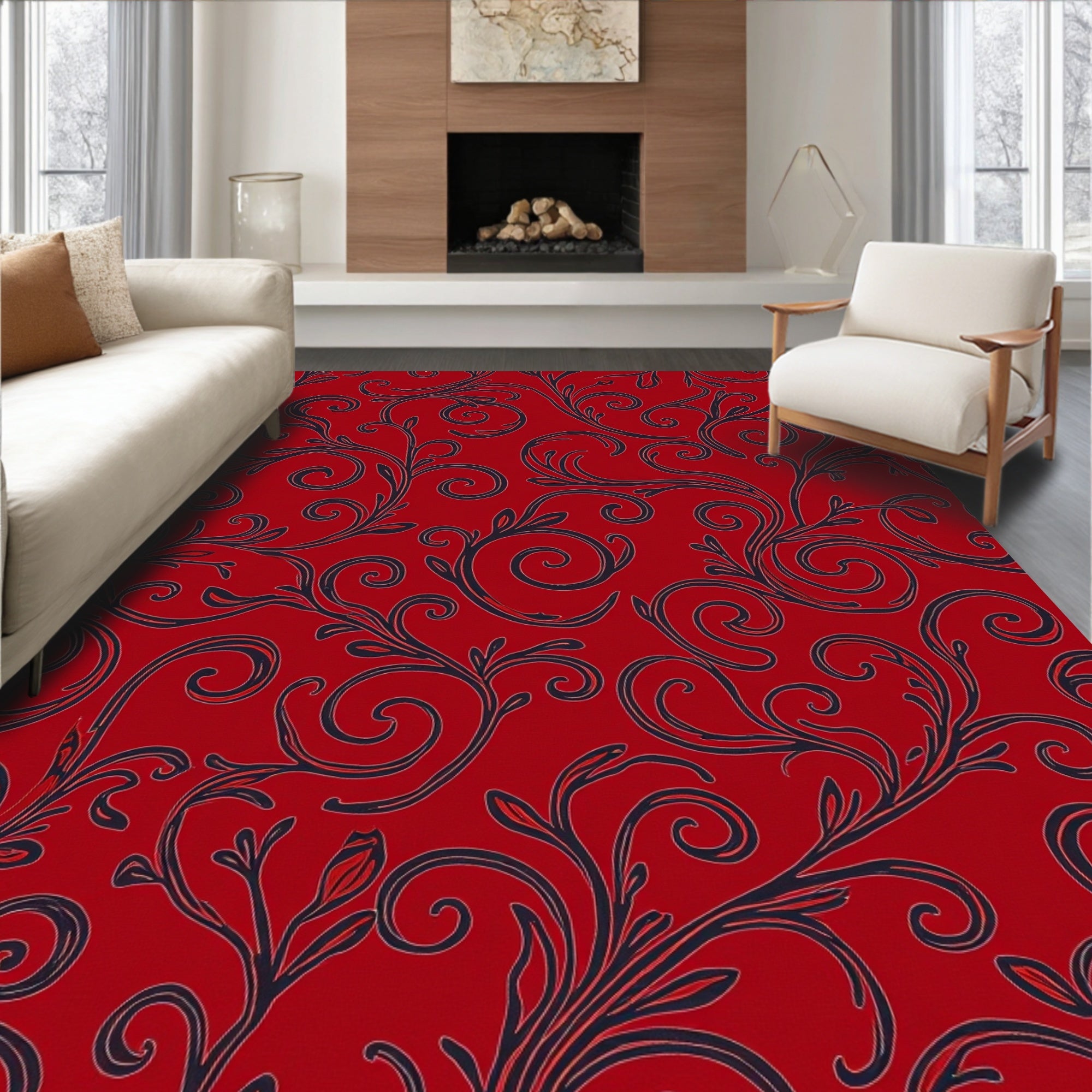 Rich Red Baroque Vine Pattern Rug