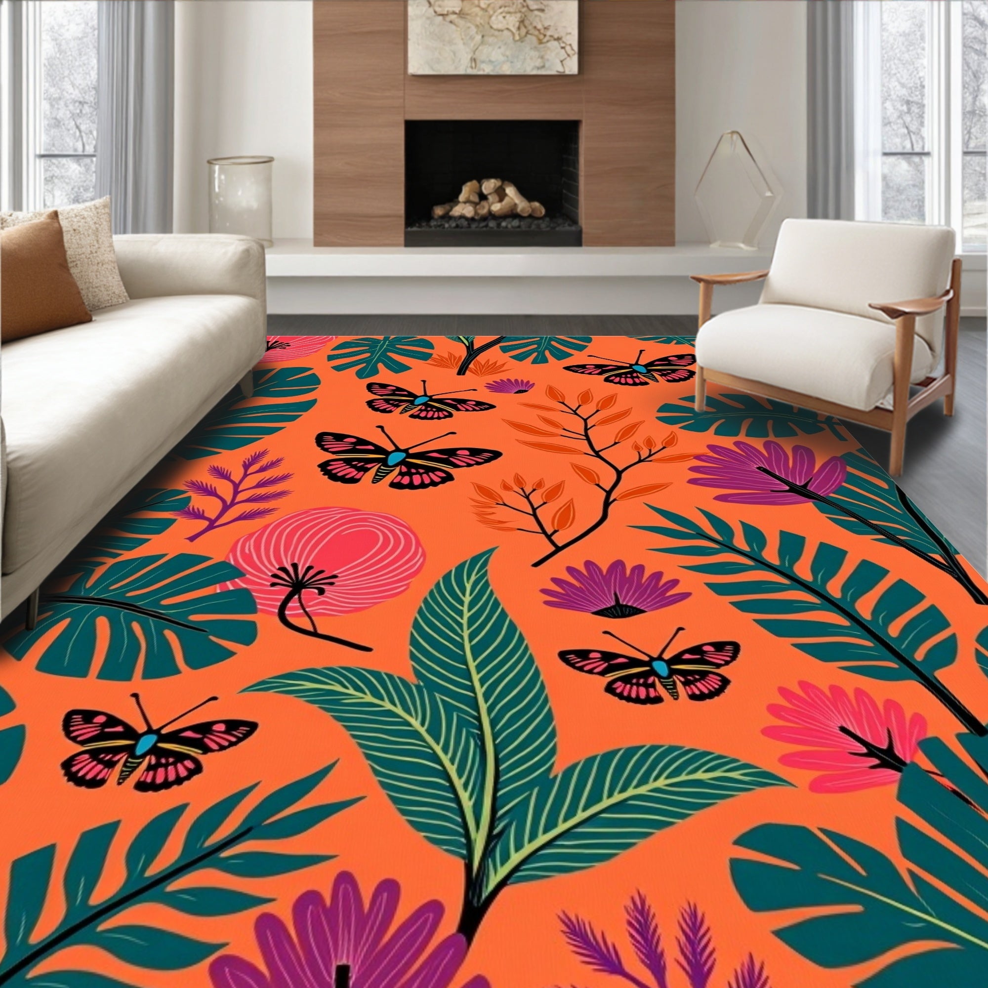 Tropical Butterflies and Leaves Pattern Rug