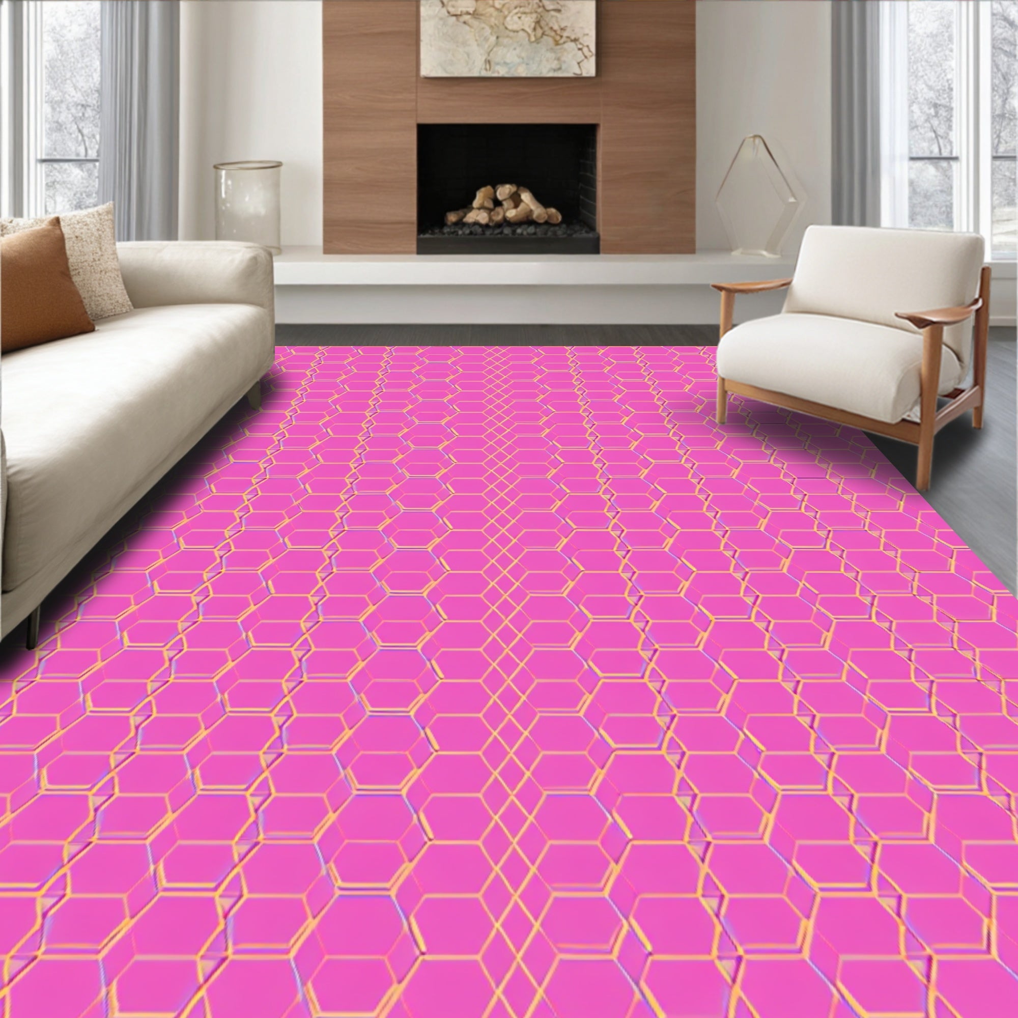 Pink Geometric Honeycomb Pattern Rug