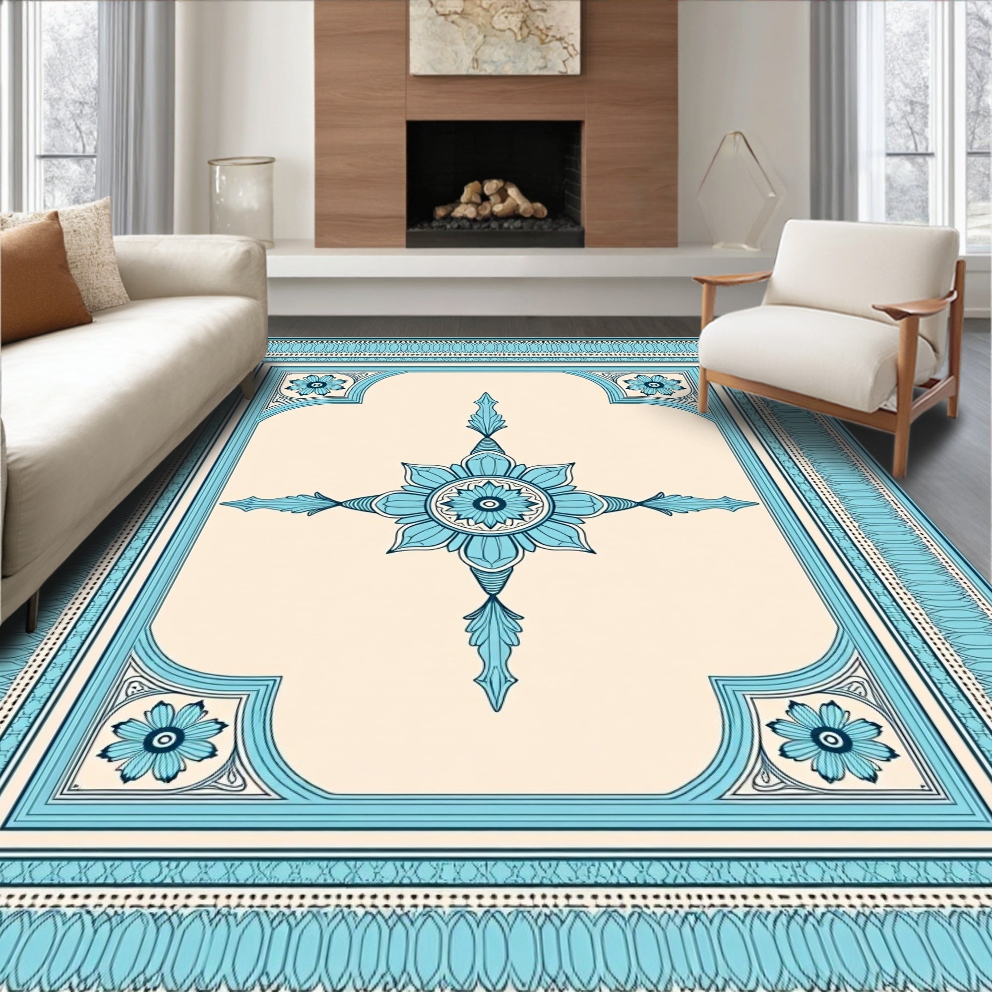 Teal Floral Medallion Border Rug