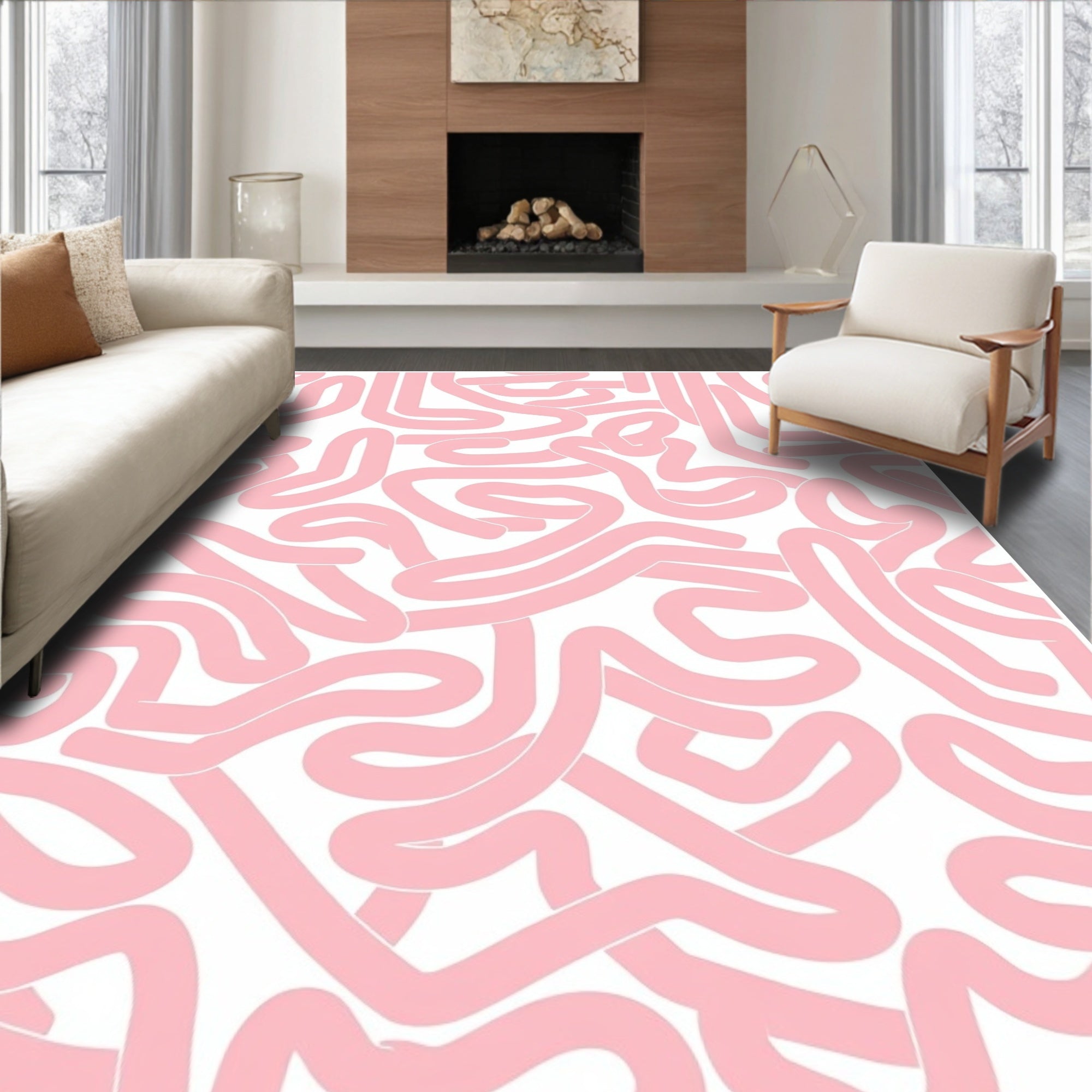 Whimsical Pink Line Art Pattern Rug
