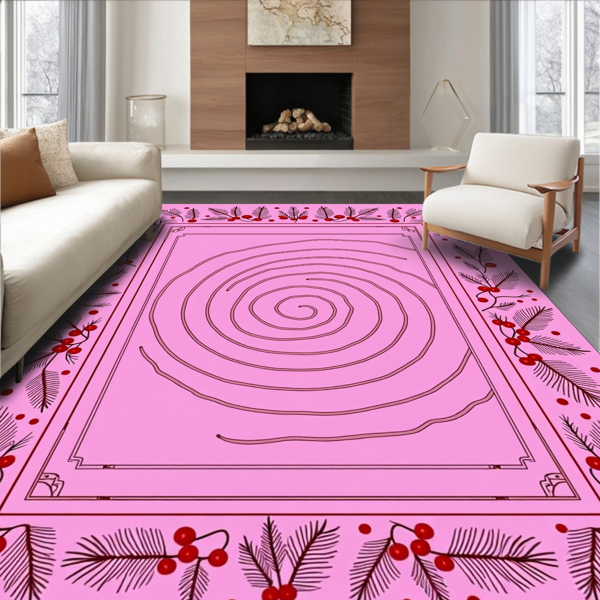Pink Swirl Botanical Border Design Rug