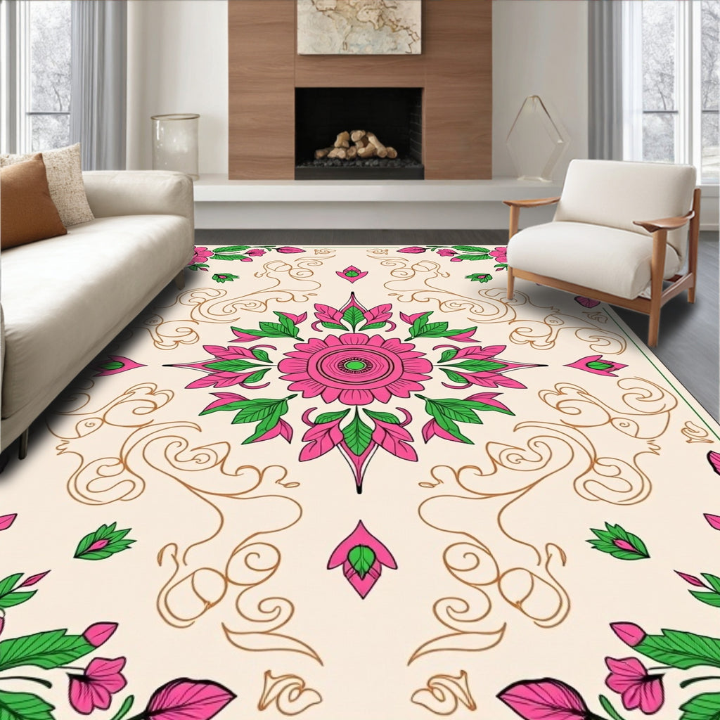 Pink Floral Harmony With Swirls Design Rug