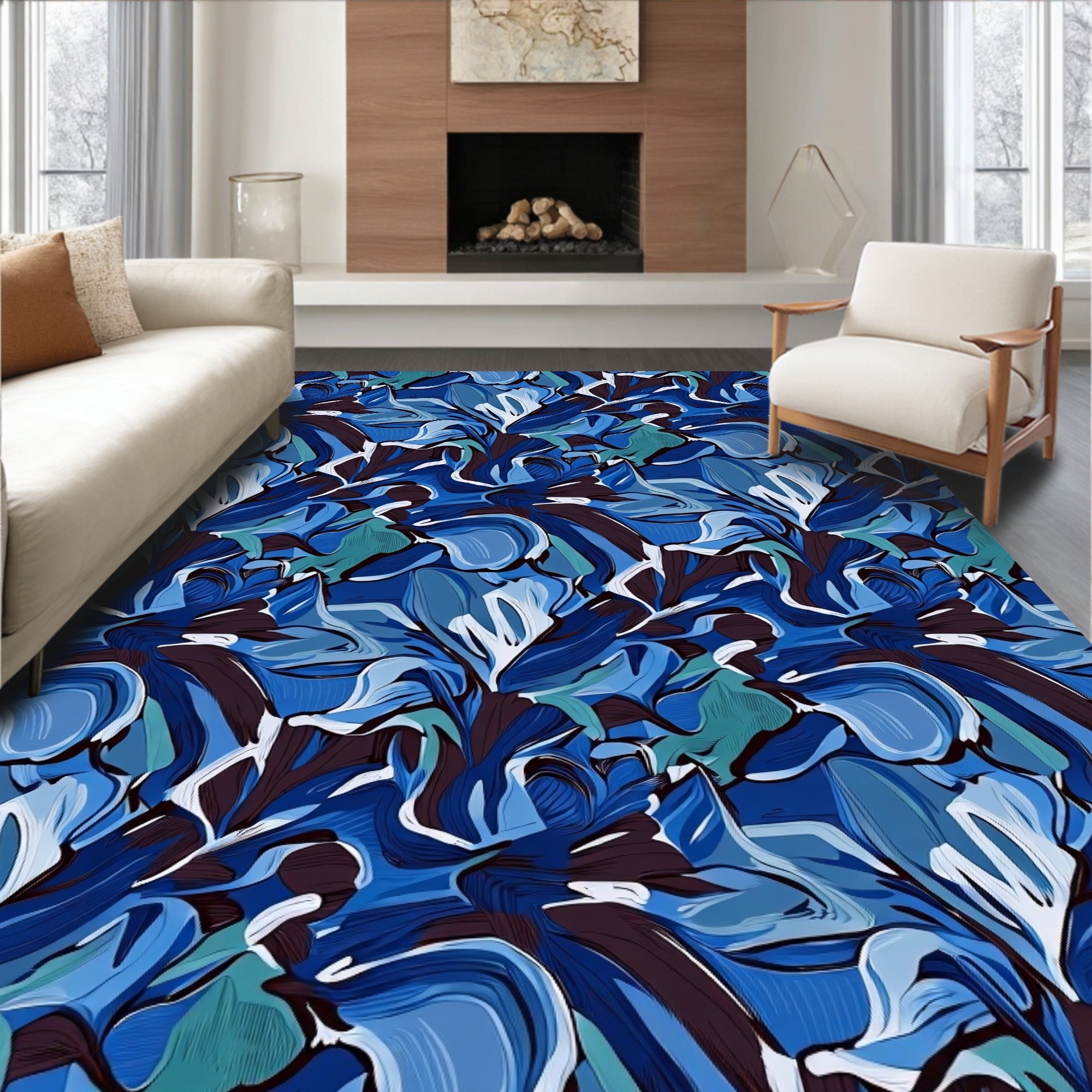 Abstract Blue Floral Swirl Design Rug