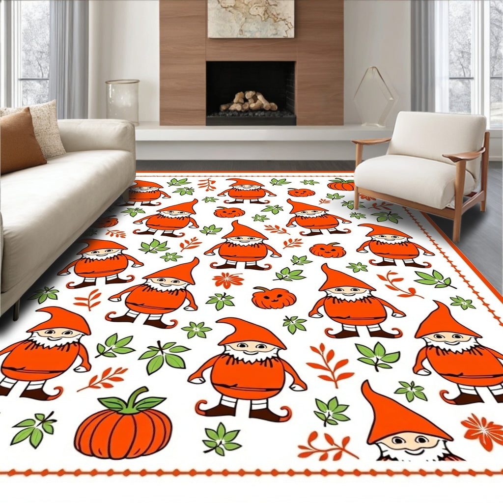 Orange Gnomes With Pumpkins And Leaves Rug