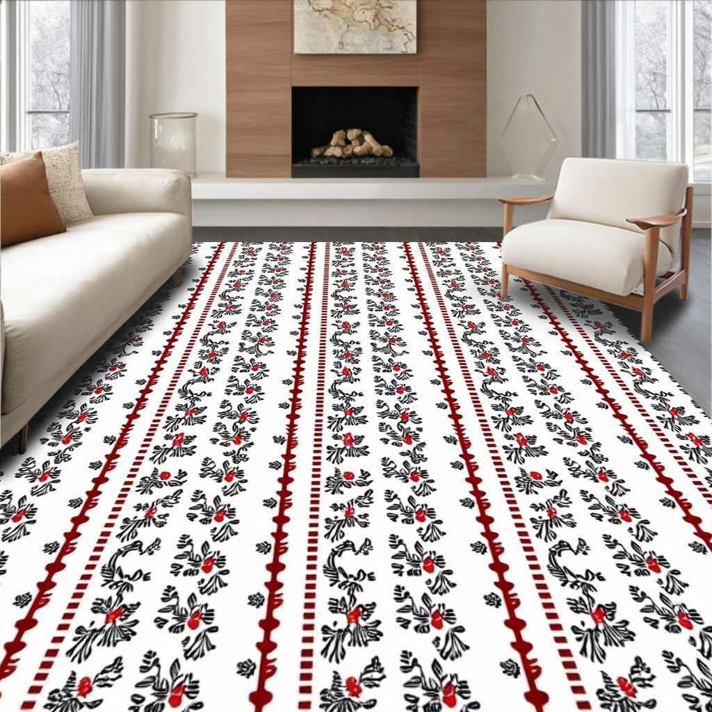 Red Black Floral Stripe Pattern Rug