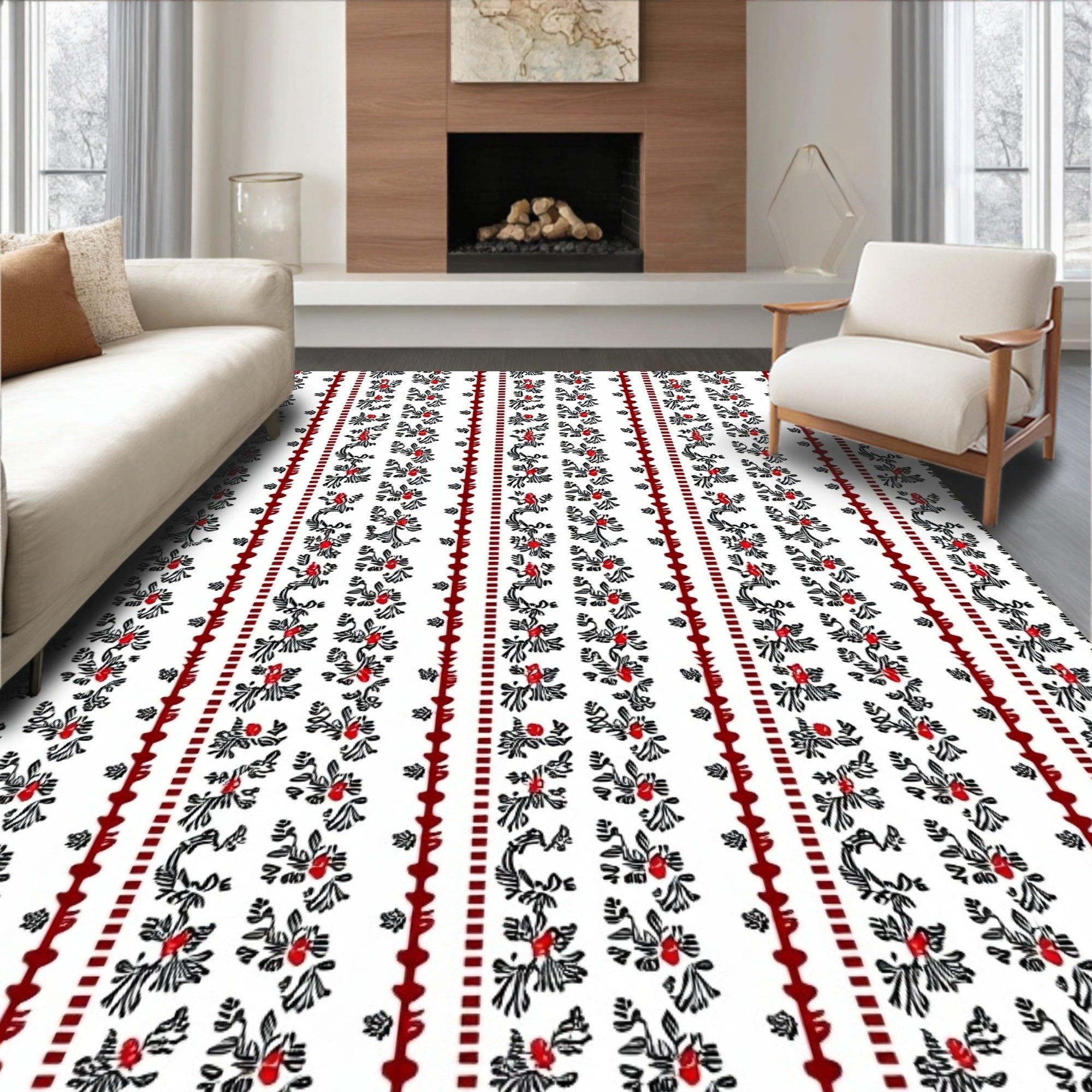 Red Black Floral Stripe Pattern Rug