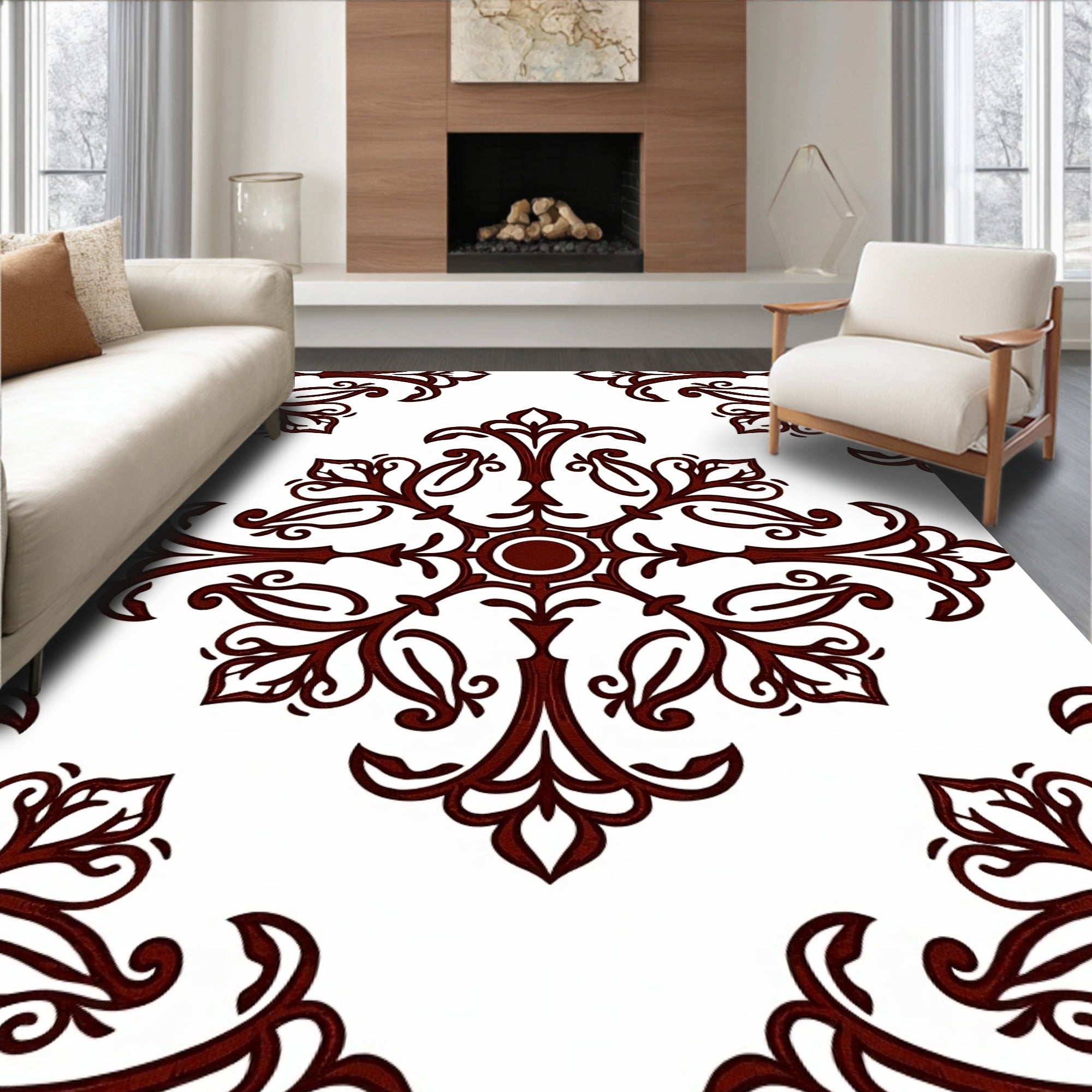 Ornate Vine Leaf Scroll Pattern Rug