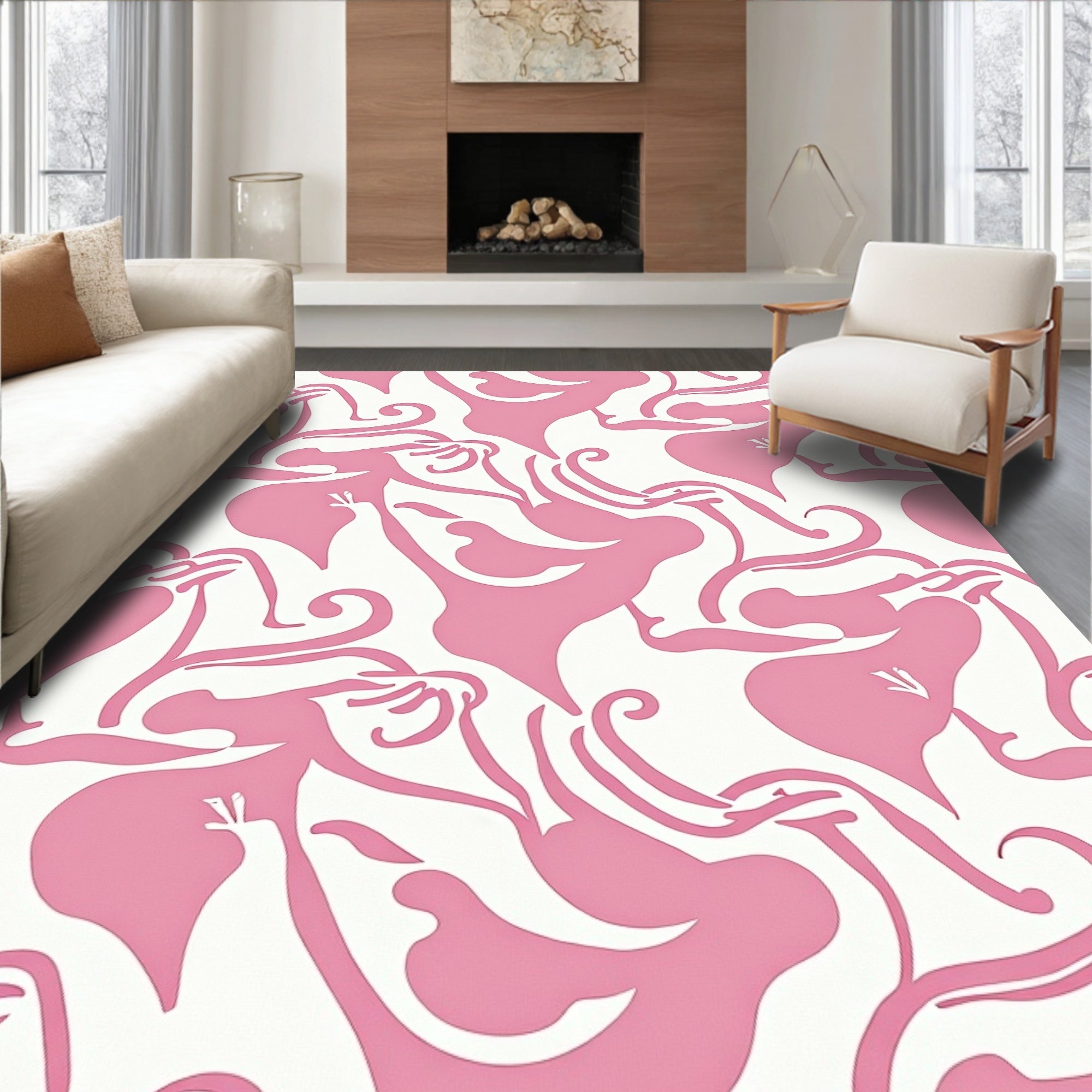 Abstract Pink Floral Swirl Pattern Rug