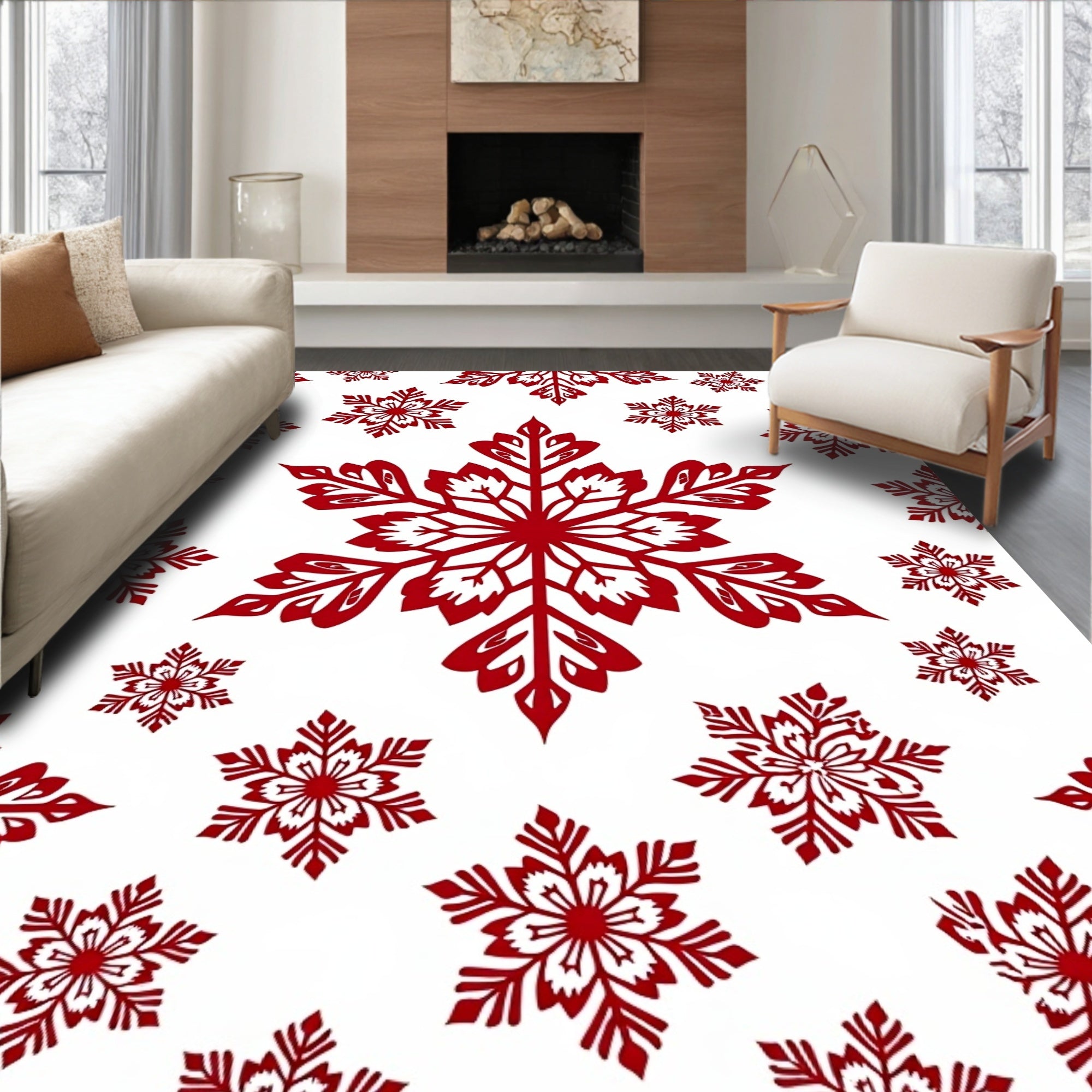 Red Snowflake Patterned Decorative Design Rug