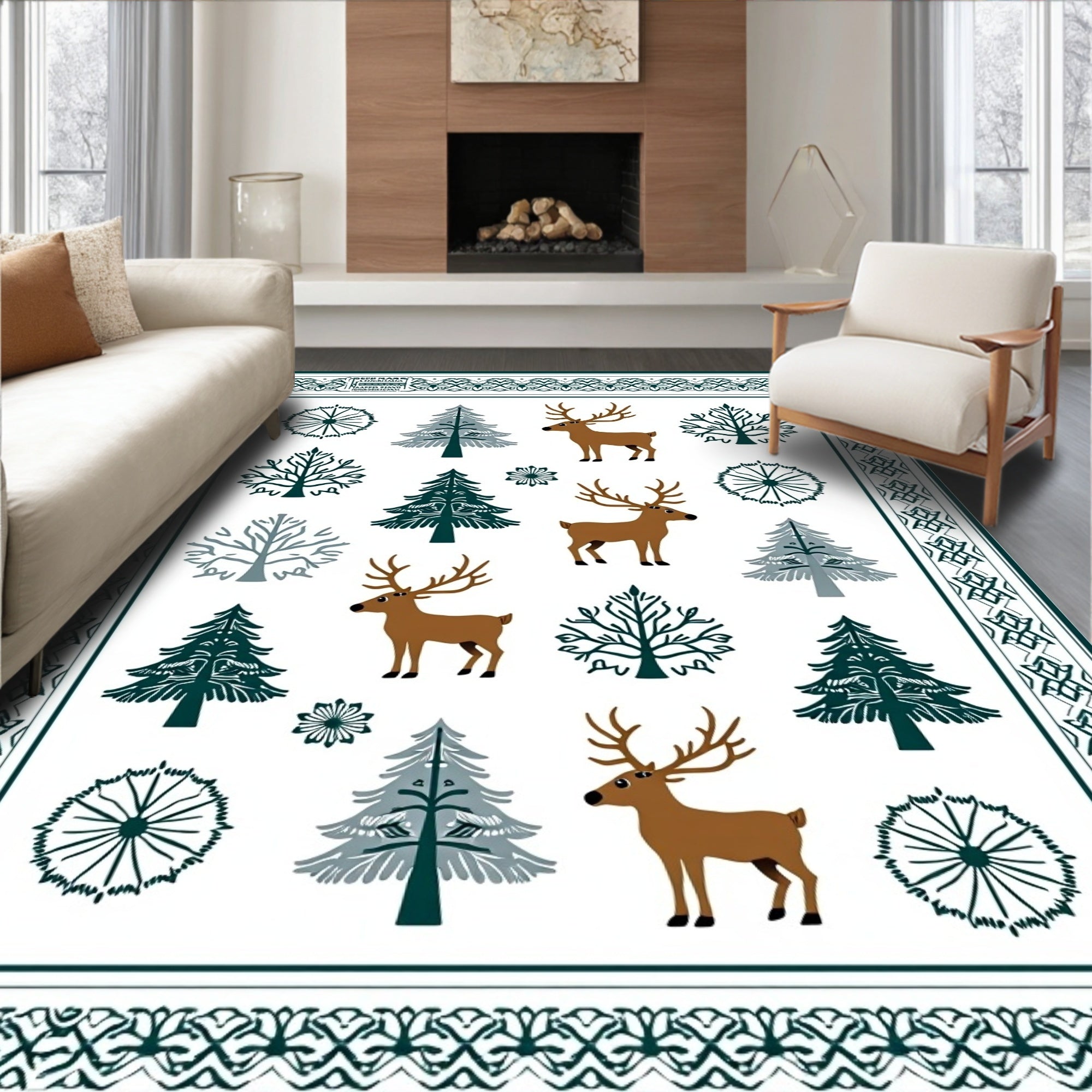 Whimsical Forest Deer Trees Border Rug