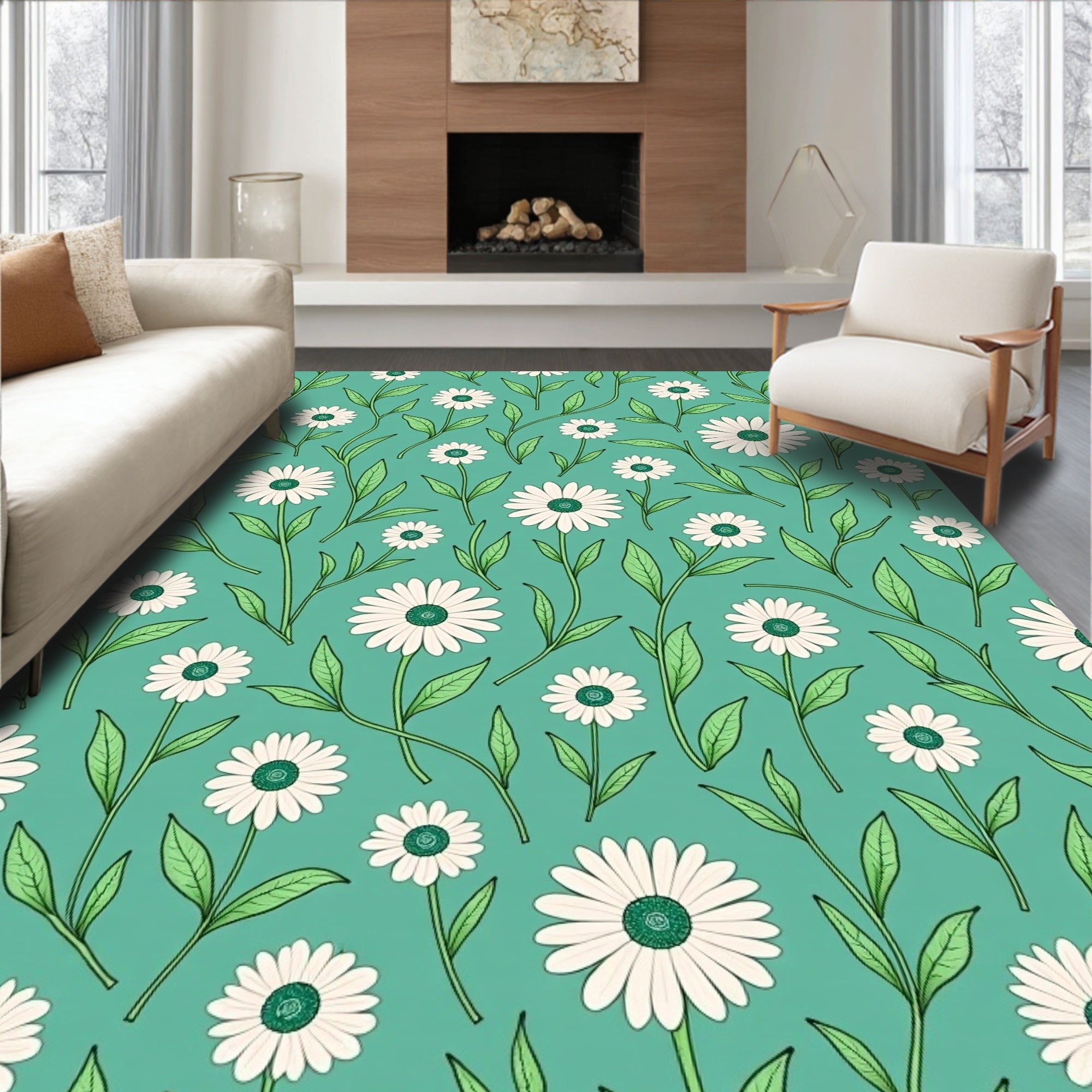 Daisy Pattern with Green Leaves Design Rug