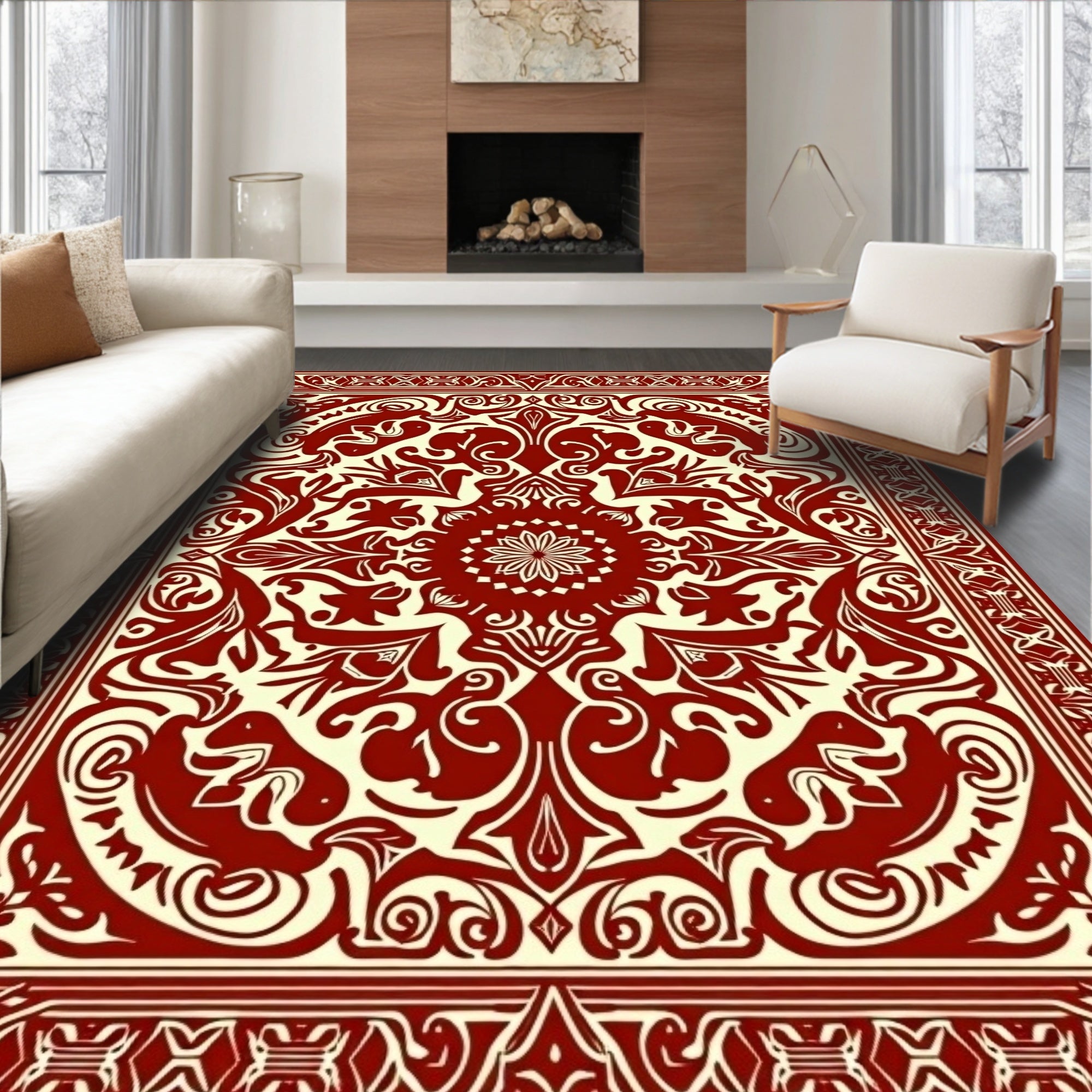 Ornate Ivory Red Floral Design Rug
