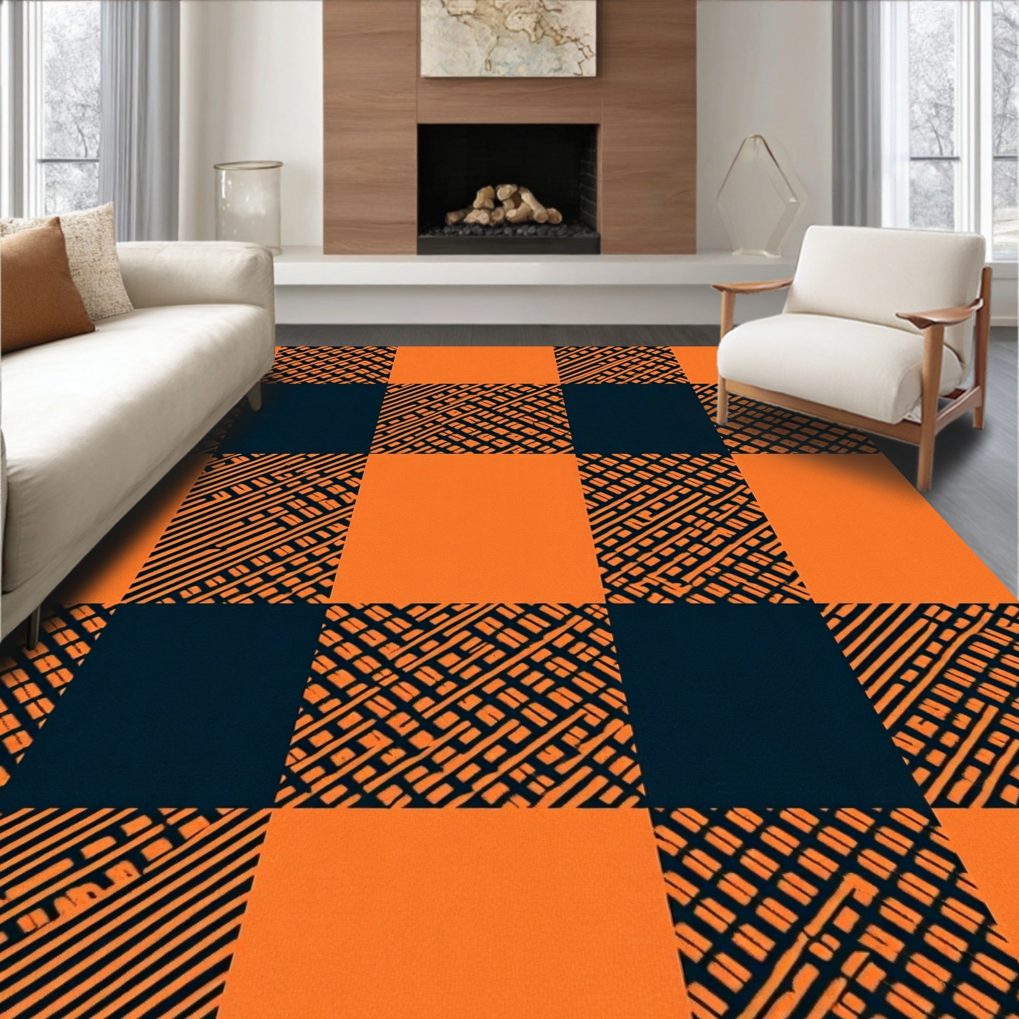 Rustic Orange Navy Buffalo Check Rug