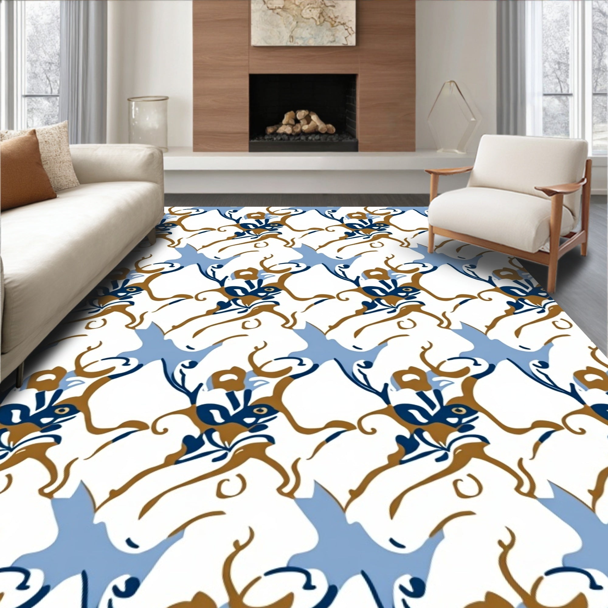 Abstract Swirl Blue Brown Floral Pattern Rug