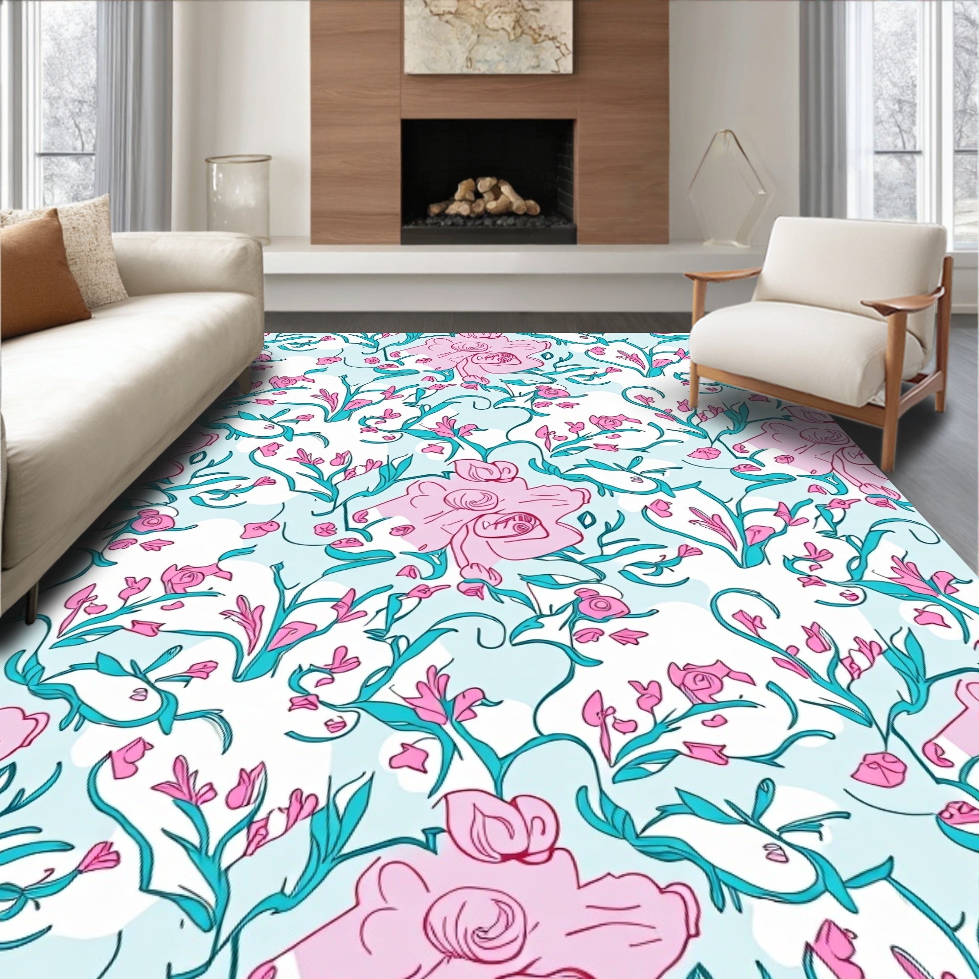 Whimsical Pink Floral Vines Design Rug