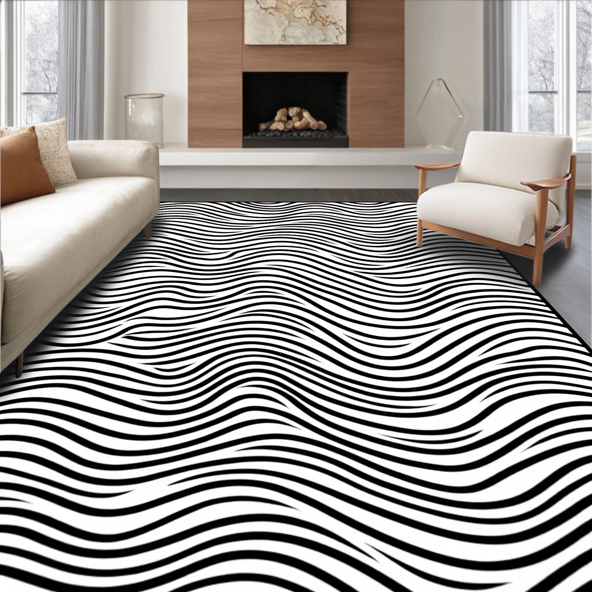 Abstract Black White Wavy Pattern Rug